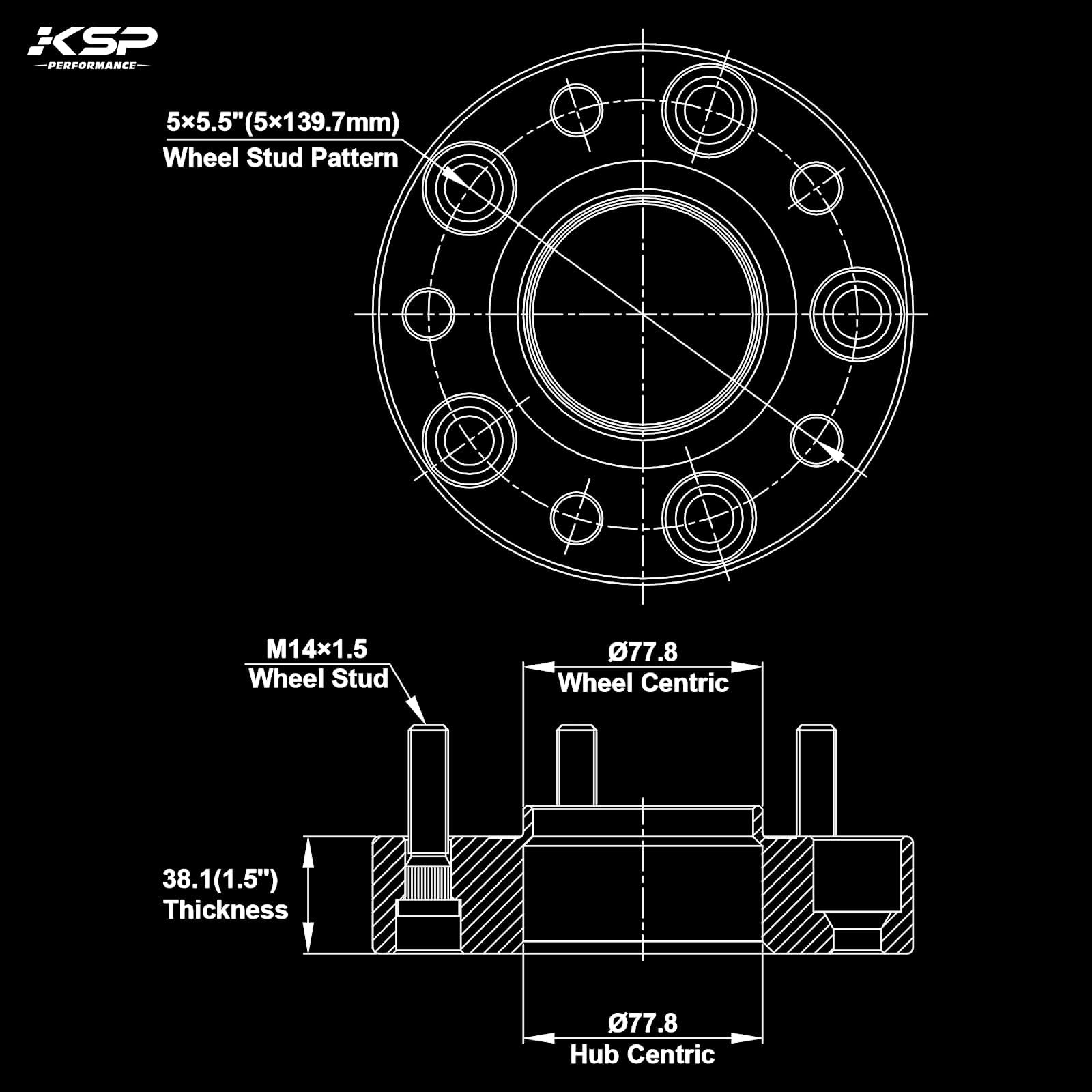 KSP PERFORMANCE 5X5.5 Wheel Spacers for Ram 1500, 1.5" (38mm), Hub Centric, 5x139.7mm, M