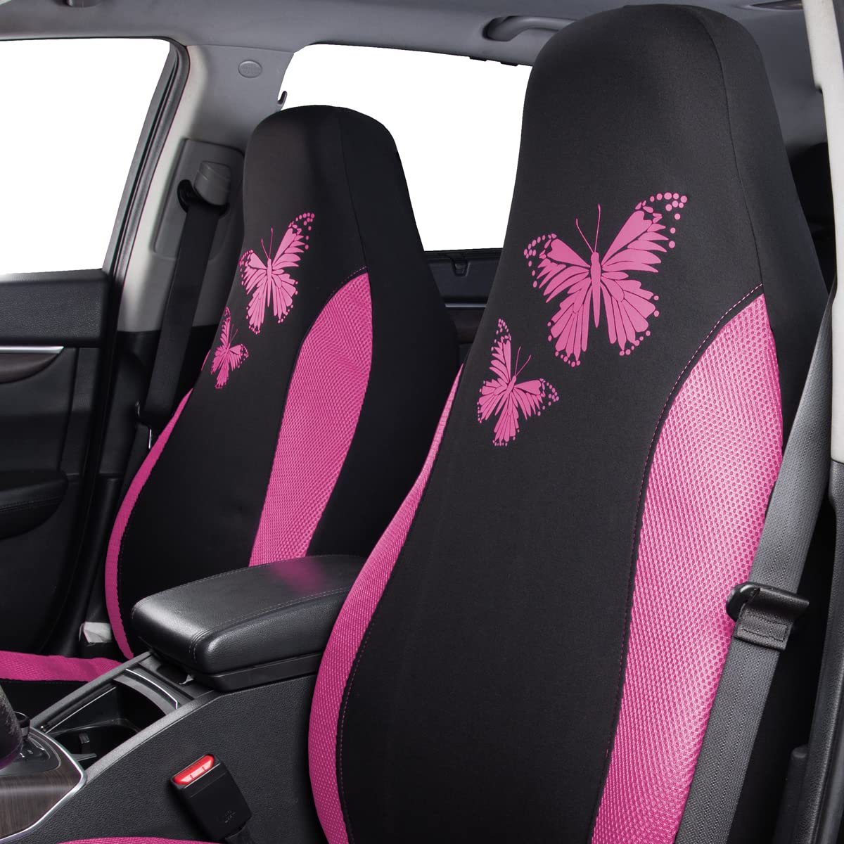 Flying Banner Butterfly Car Seat Covers Ful Set Fashion Universal Lady Woman Female Rear Bench Split Colorized (2 Fronts, Pink)