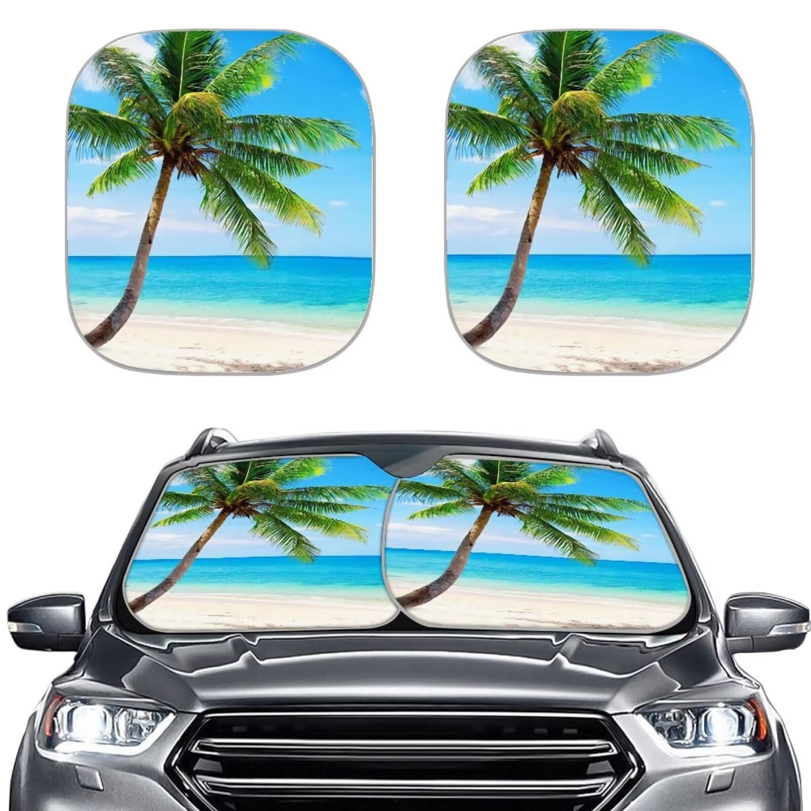 Renewold 2 Pack Set Auto Windshield Sunshade Uv Sun Heat Reflecting Foldable Front Windshield Sun Shade Tropical Palm Tree Coast