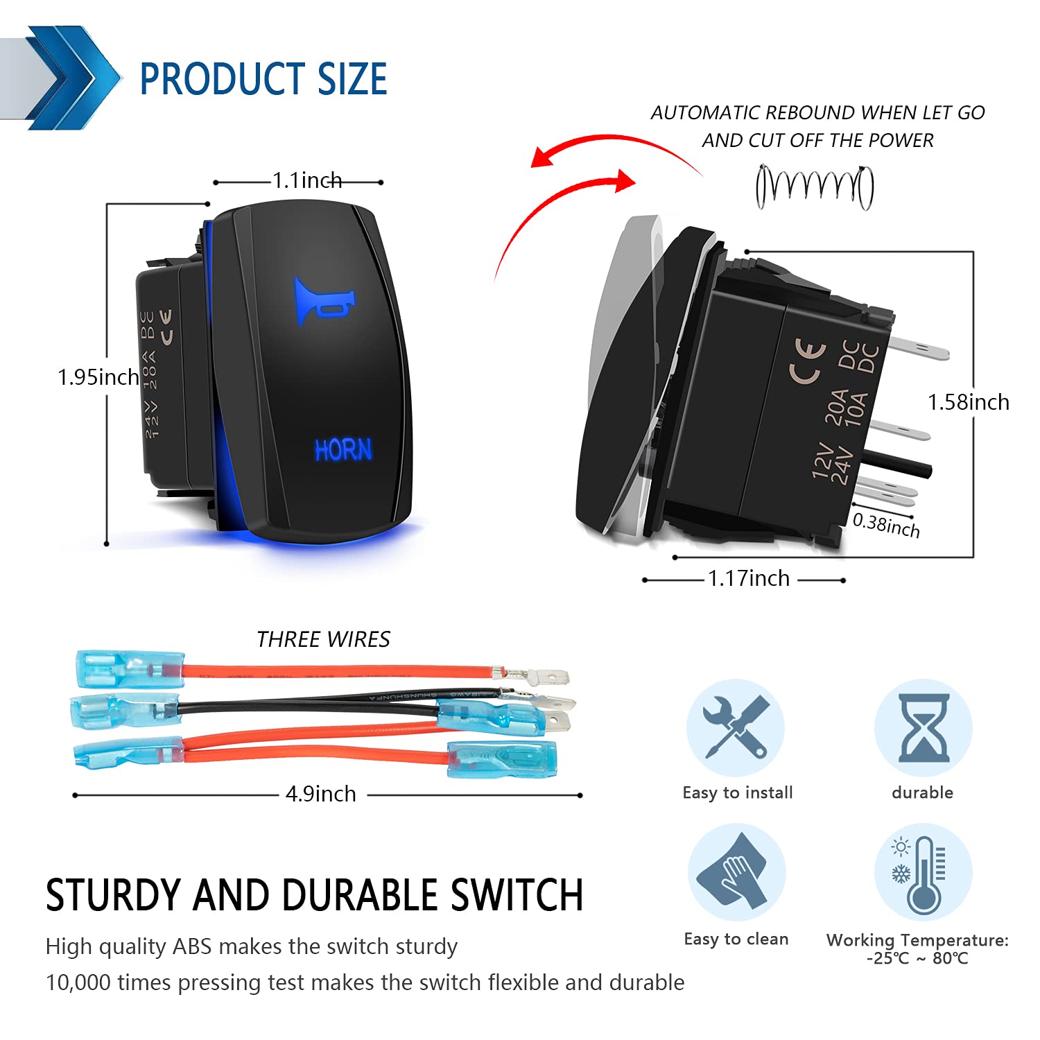 Horn Momentary Rocker Switch 5Pin Laser On/Off Blue Led Light 20A/12V 10A/24V Toggle Switch With Jumper Wires Set For Automotive