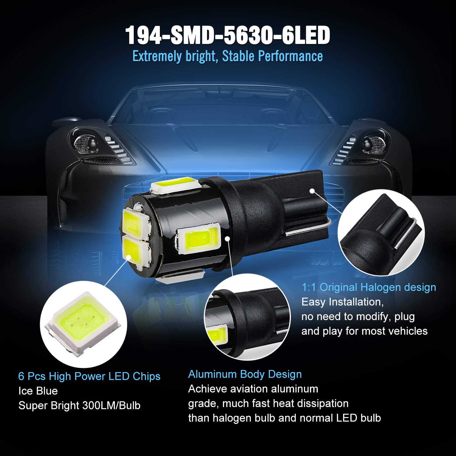 Brishine 194 Led Bulbs Extremely Bright Ice Blue 5630 Chipsets 168 2825 175 T10 W5W Led Replacement Bulbs For Car Interior Dome