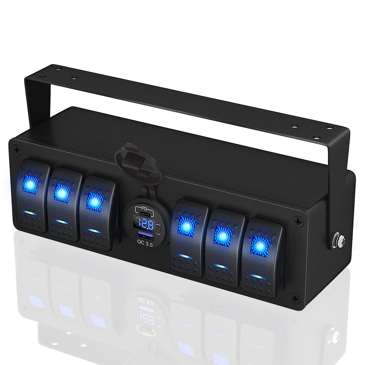 Joinfworld 6 Gang Rocker Switch Box Waterproof 12V SPST ON/Off lED Light Bar Switch Panel with Dual USB Outlet PD3.0 & QC3.0 Car