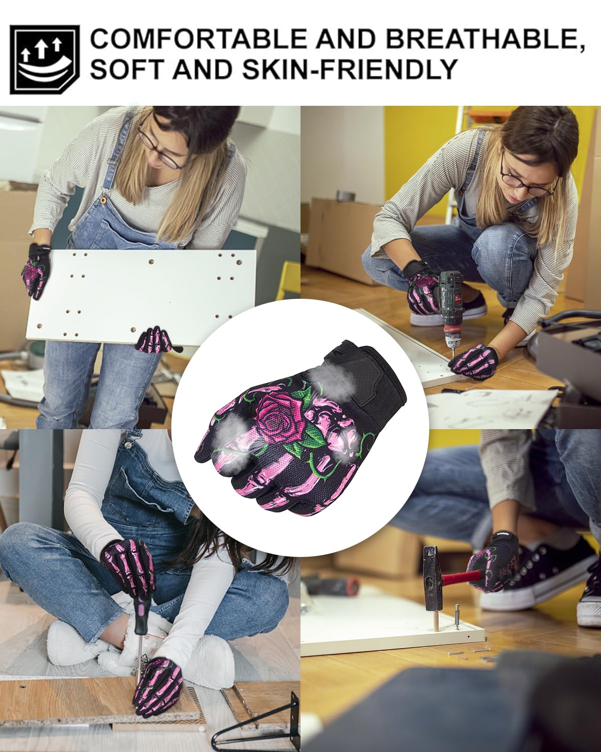 Rigwarl Motorcycle Gloves Women Touchscreen, Breathable Pink Skeleton Bike Glove Non-Slip, Designed Riding Gloves Motorcycle Wom