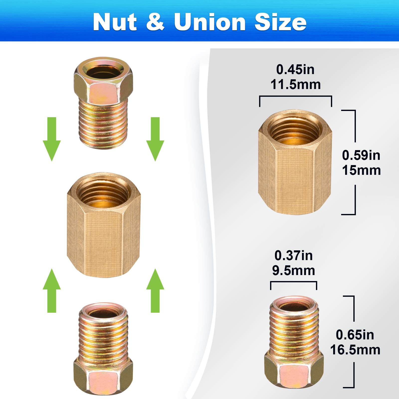 Spurtar 21Pcs 3/16 Brake Line Fittings 3/8 Inch-24 Threads, Brake Line Pressure Fittings For 3/16 Inch Brake Line, Brass Brake Line Fitting Assortment Includes 7 Pcs Unions 14 Pcs Nuts
