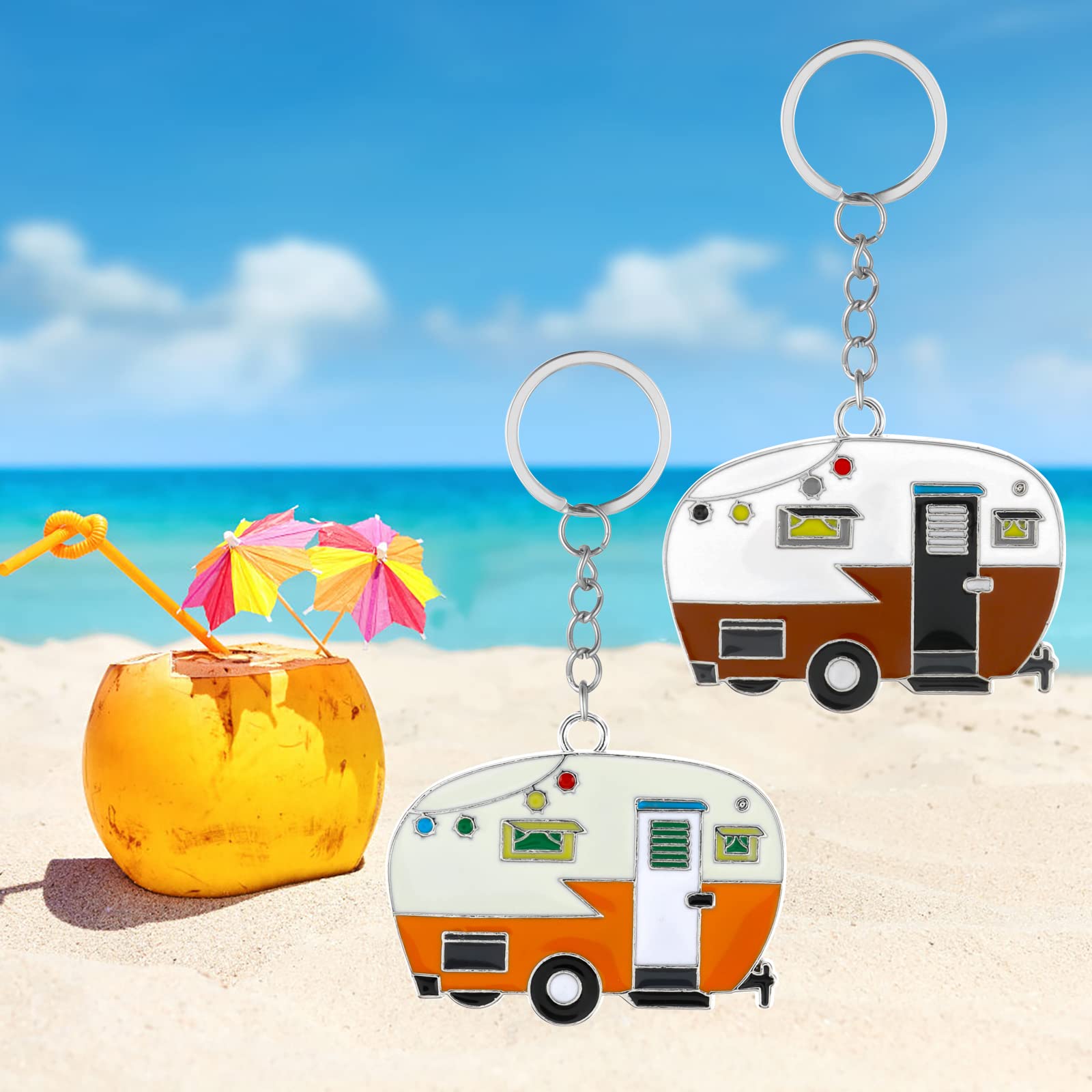 2 Pieces Camper Keychain, Rv Camper Keyring Camper Accessories For Travel Trailers Retro Camping Car Keychain (Yellow+Brown)