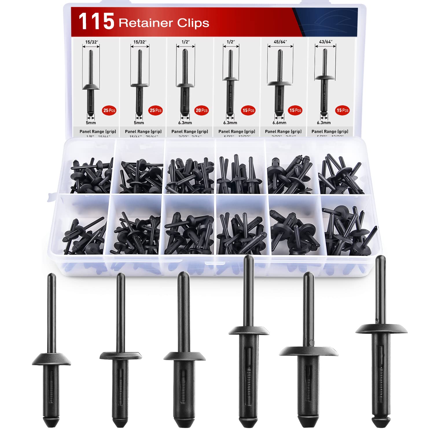 Nilight 115Pcs 6 Sizes Universal Pop Rivet Assortment Rivet Clip Black Nylon Blind Rivets Compatible With Gm Ford Chrysler Vw 2