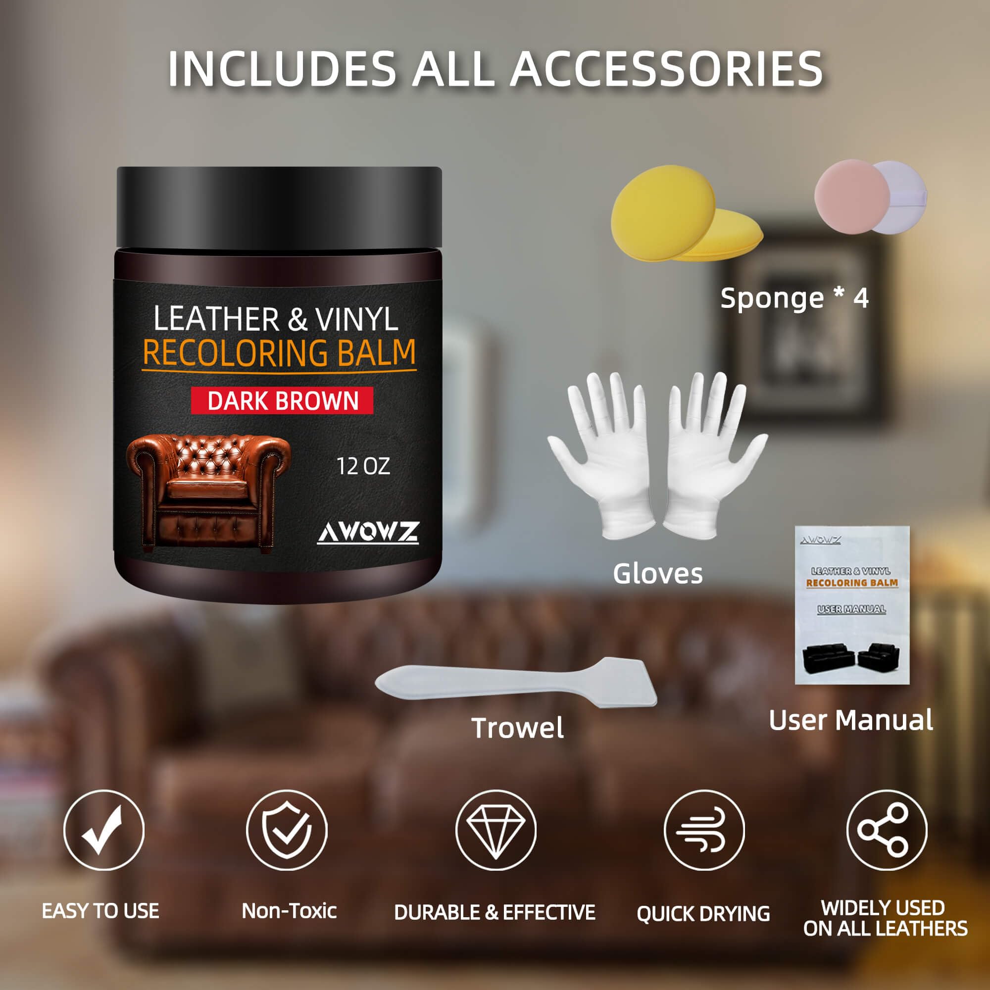 Awowz Leather Recoloring Balm, 12Oz Leather Couch Repair Kit, Leather Restorer For Couches, Leather Scratch Repair, Leather Reco