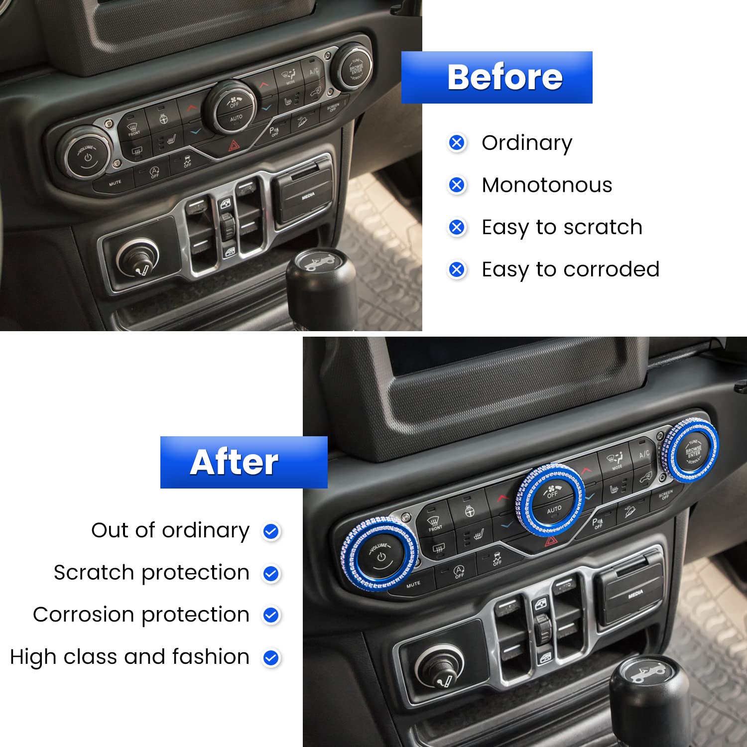 Air Conditioner Switch Knob Cover For 2018-2025 Jeep Wrangler Jl Jlu Gladiator Jt Bling Crystal Rhinestone Button Cover Decorati