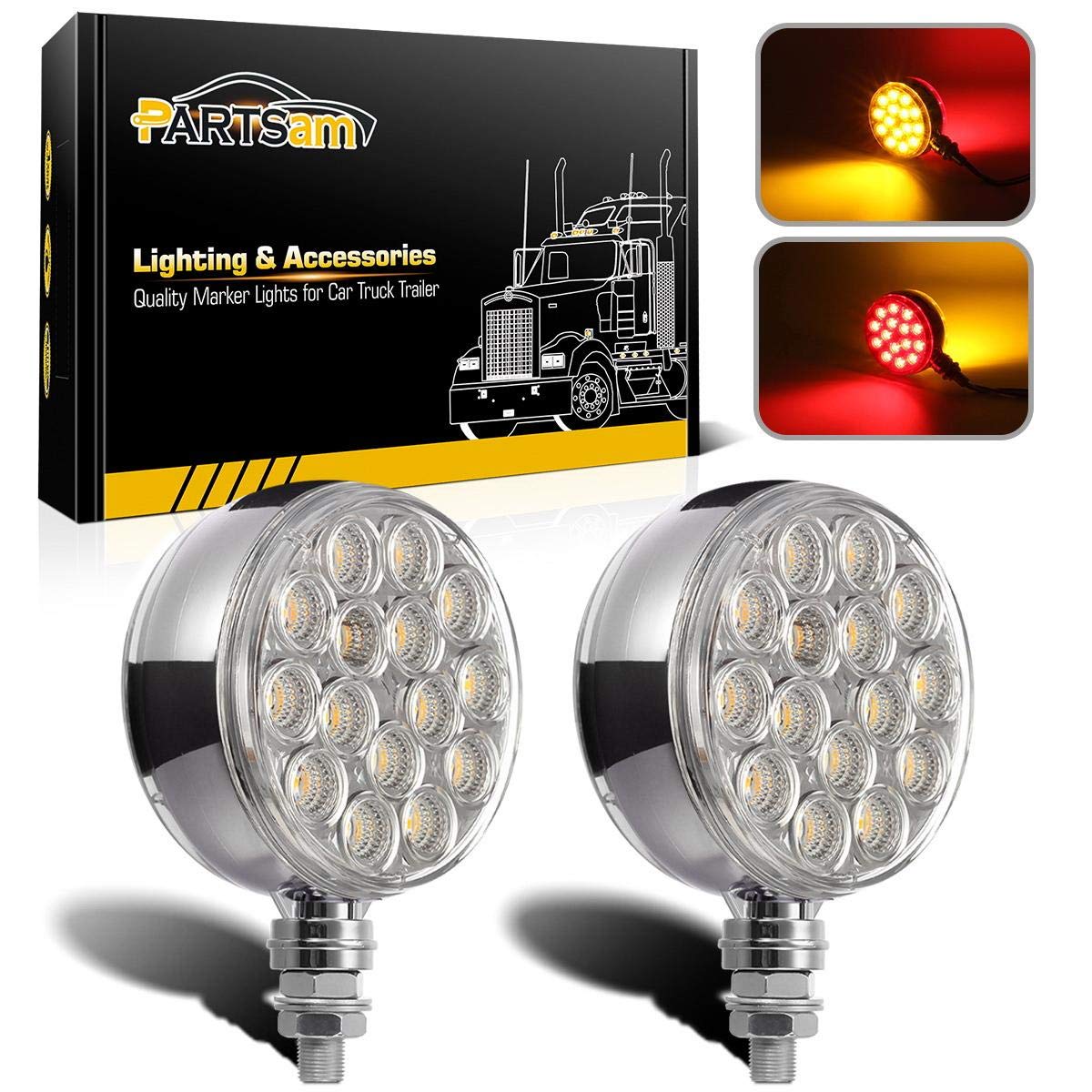 Partsam 2pc 3'' Red/Amber Double Face Chrome Round Pedestal Lights 30 LED Sealed Clear Lens Fender Mount Stop Turn Tail Lights R