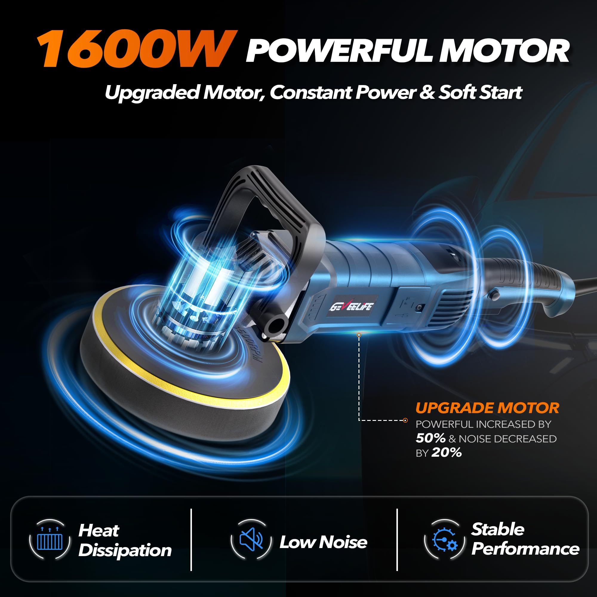 Geveelife Buffer Polisher, 6 Inch/7 Inch 1600W Rotary Car Buffer Polisher Waxer, 7 Variable Speed 1000-3500 Rpm, Detachable Hand