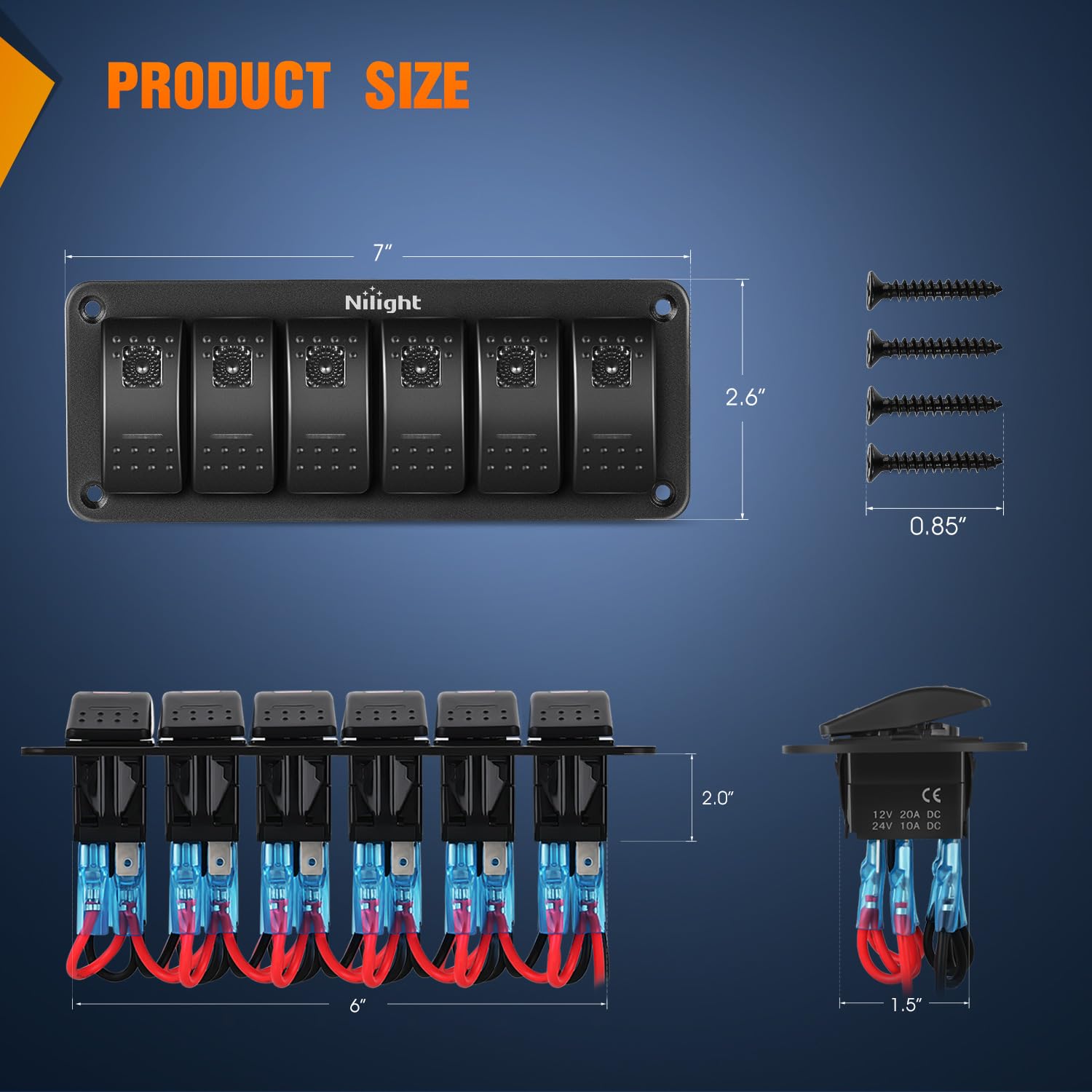 Nilight 6 Gang Rocker Switch Panel With Purple Led Light 5 Pin On Off Pre-Wired Rocker Switch Aluminum Panel Toggle Switch Panel