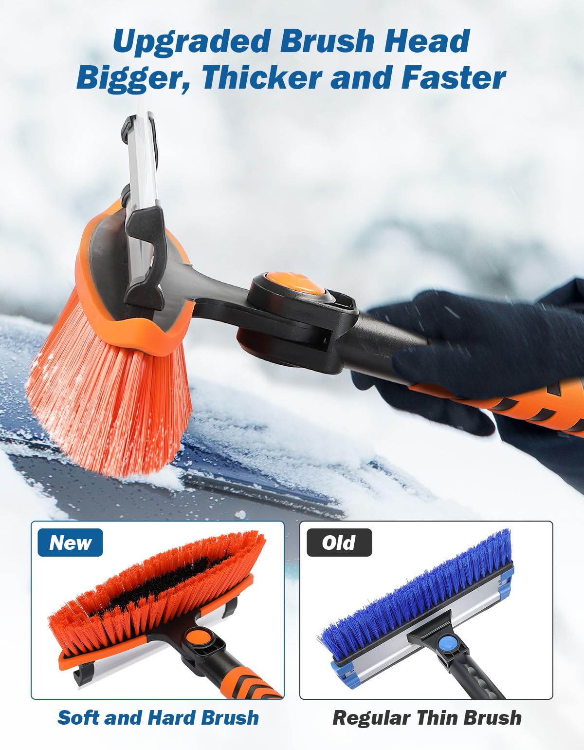 JOYTUTUS Extendable Snow Brush and Ice Scraper, 41.5" Telescoping, 270° Pivoting, Heavy Duty, Orange, Model 2904-00902
