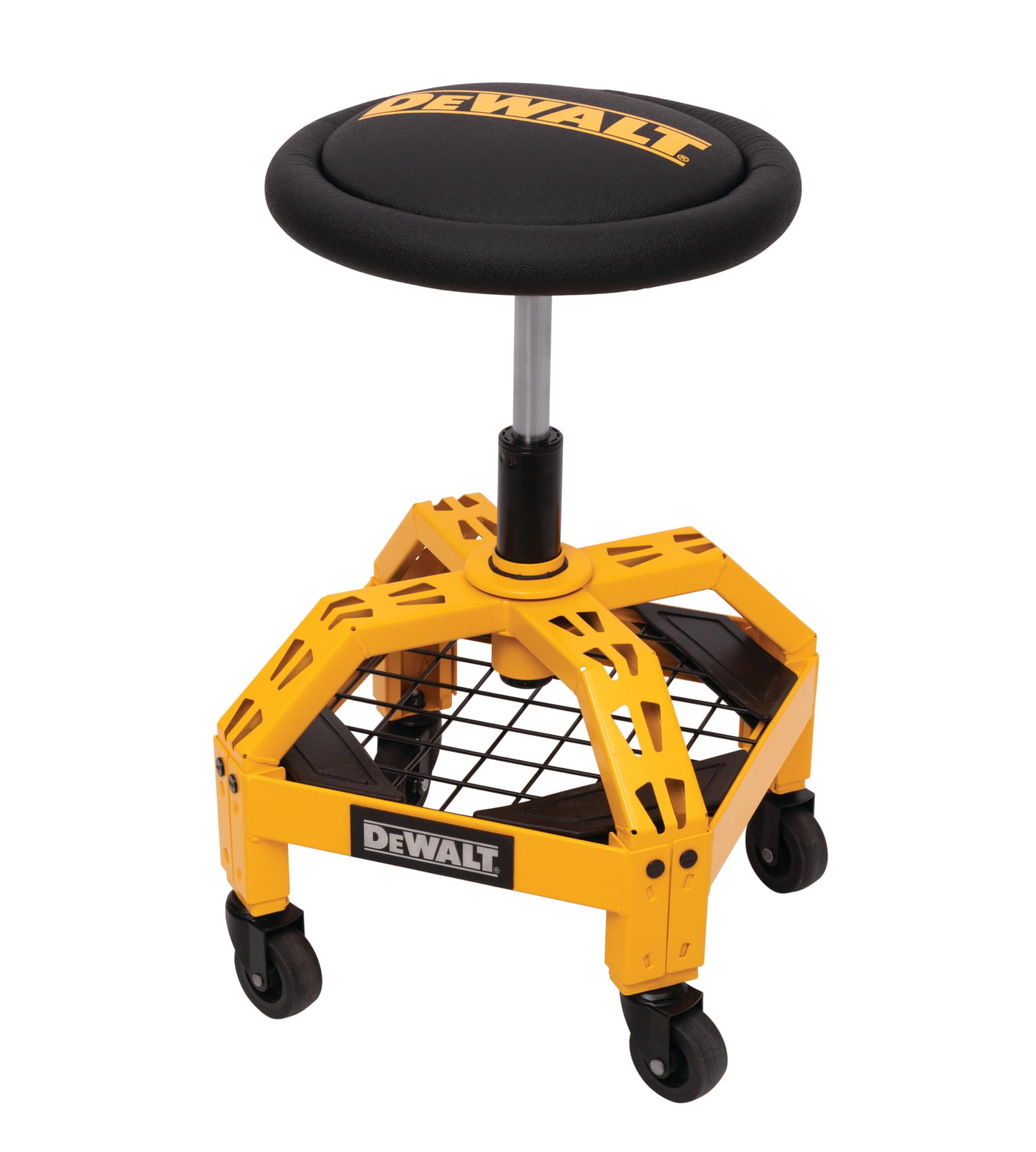 DEWALT Heavy-Duty Metal Rolling Stool for Shop or Garage, Padded 360-degree Swivel Seat, Durable Steel Frame, Adjustable