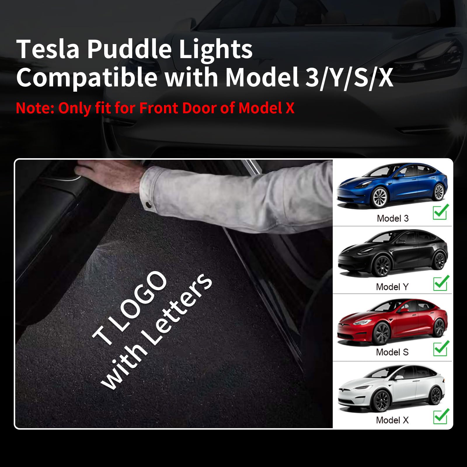 Uxcer 4Pcs Puddle Lights For Tesla Model 3/Y 2026 2025-2016, T-Logo With Letters Door Lights Logo Projector, Never Fade Led Proj