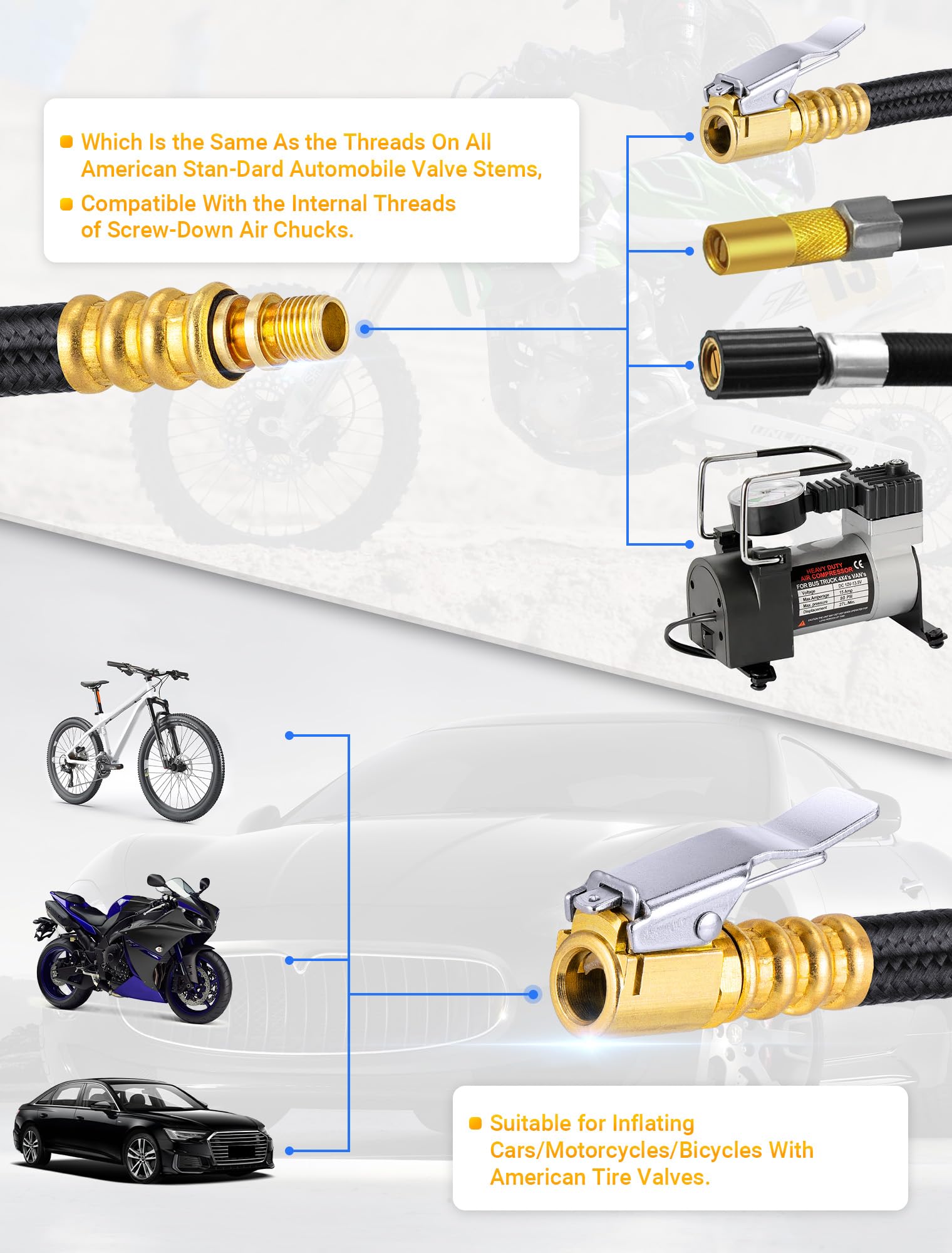 12'' Tire Inflator Extension Tube, Tire Pump Chuck Hose Adapter W/Presta Valve For Air Compressor Quick-Inflation, Clip On Air C