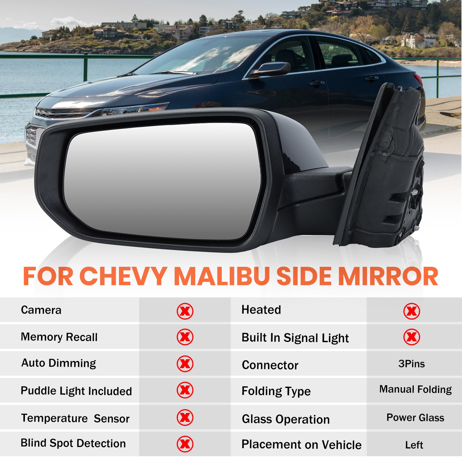 Mofoap Driver Side View Mirror Compatible With Chevy Malibu 2016 2017 2018 2019 2020 2021 2022 Non Heated Without Signal Light M
