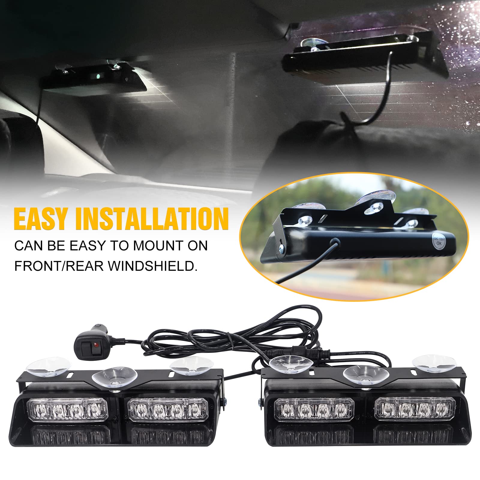 Xridonsen White 2 In 1 Dash Emergency Strobe Lights Front/Rear Windshield Lights Warning Safety Flashing W/Suction Cups For Volu