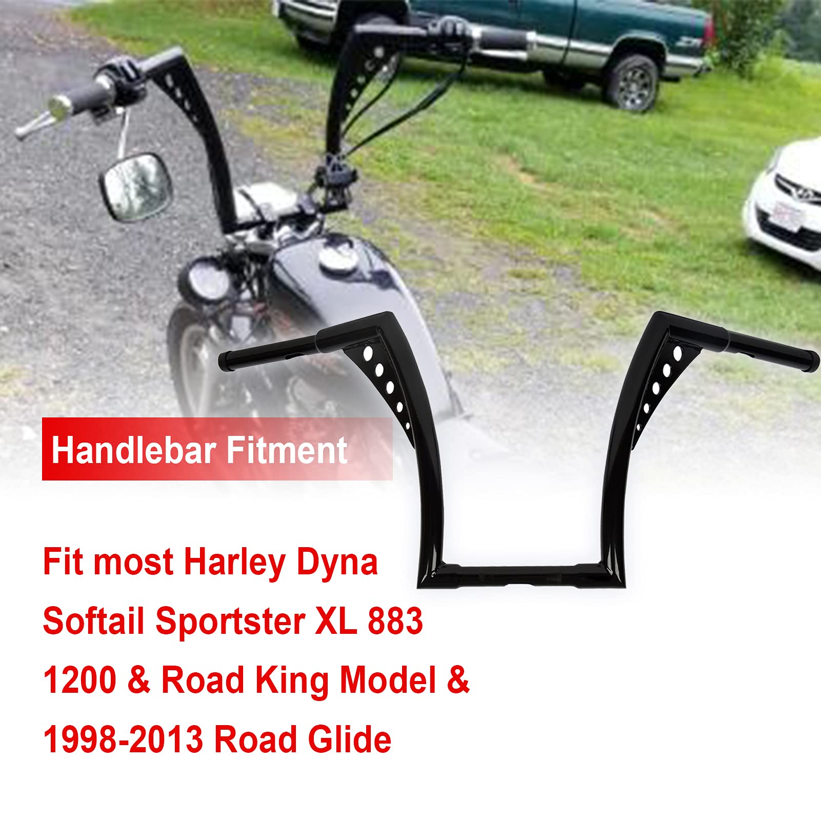 WSays 12'' Rise Handlebar Ape Monkey Bar 1-1/4'' Diameter Bar Black Compatible with Harley Sportster XL 1200 883 Softail Dyna To