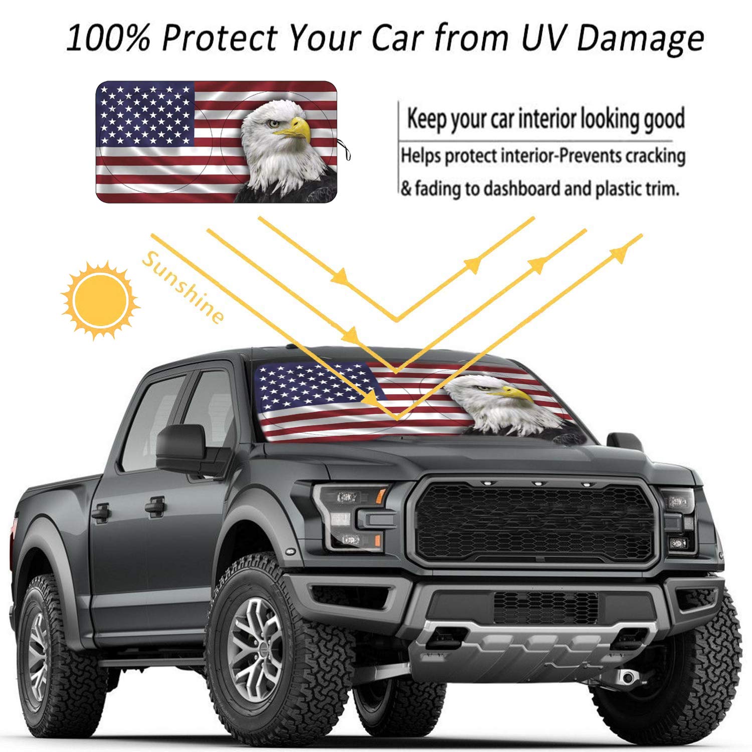 Tdcqqgqq Bald Eagle American Flag Car Windshield Sun Shades, Suv Truck Sun Shade, Uv Protection, 63 L X 33.5'' W