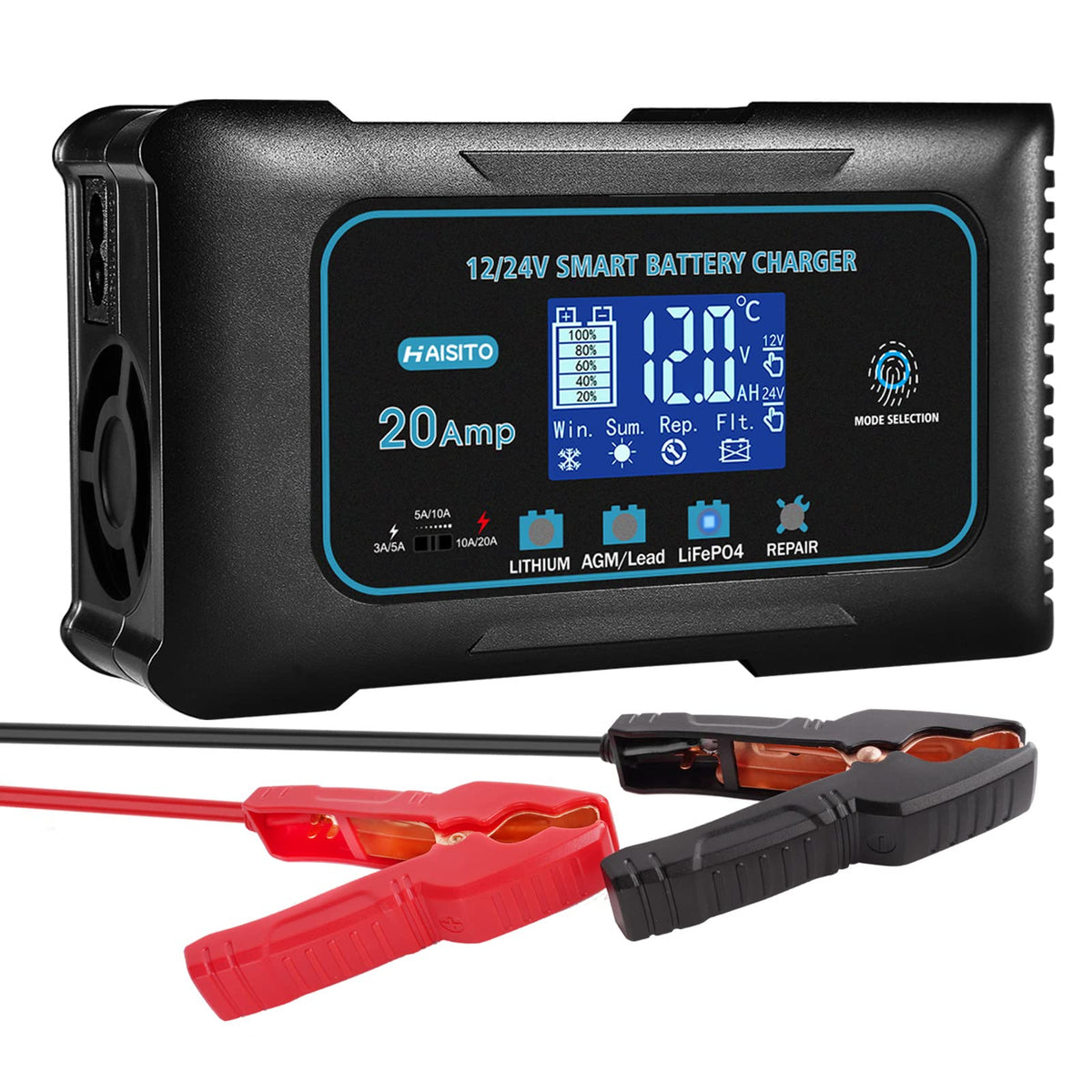 20 Amp Lithium Battery Charger, 12V And 24V Lifepo4,Lead-Acid(Agm/Gel/Sla..) Portable Car Battery Charger,Battery Maintainer, Trickle Charger, And Battery Desulfator For Car,Boat,Motorcycle…