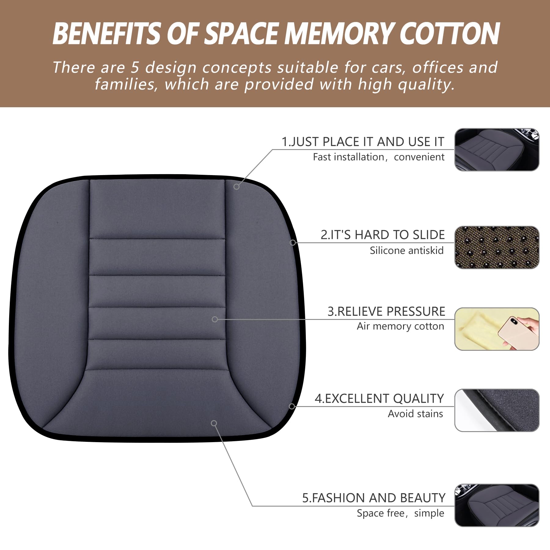 Myfamirea Car Seat Cushion Pad 1.2 '' Thick Comfort Seat Protector For Car Driver Seat Office Chair Home Use Memory Foam Seat Cu