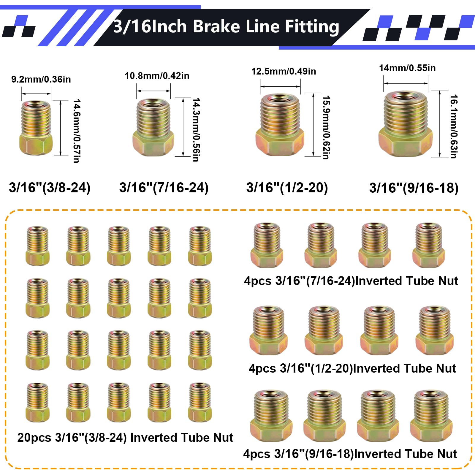 smseace 2Sets 25Ft. 3/16'' Brake Line Tubing Kit with Fittings(Includes 32pcs Fittings and 4pcs Unions+8pcs Nuts) Zinc-Coated Br
