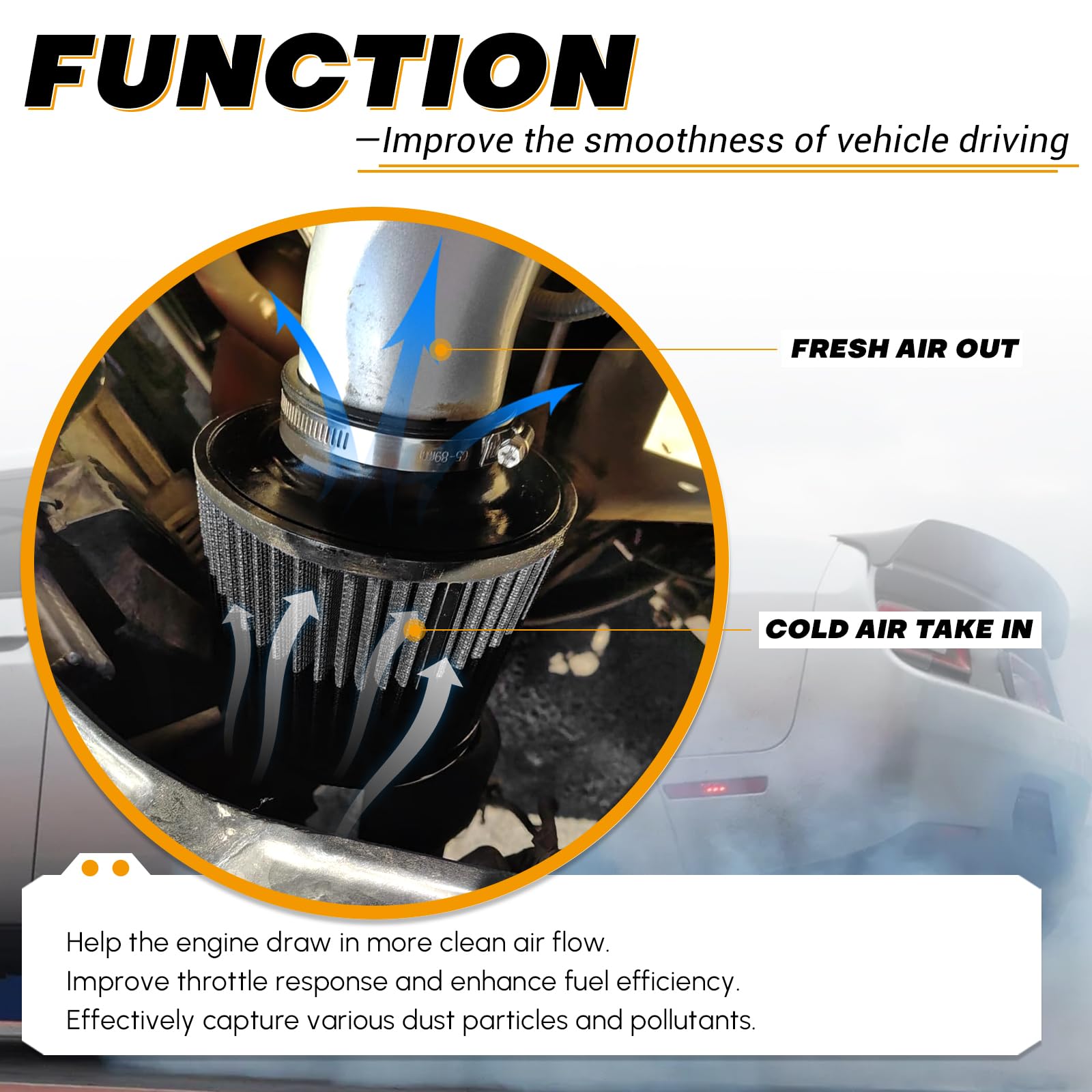 Ptnhz Universal Carbon Fiber 3'' 76Mm High Flow Cold Air Intake Cone Air Filter Power Intake Air Inlet System Air Cleaner