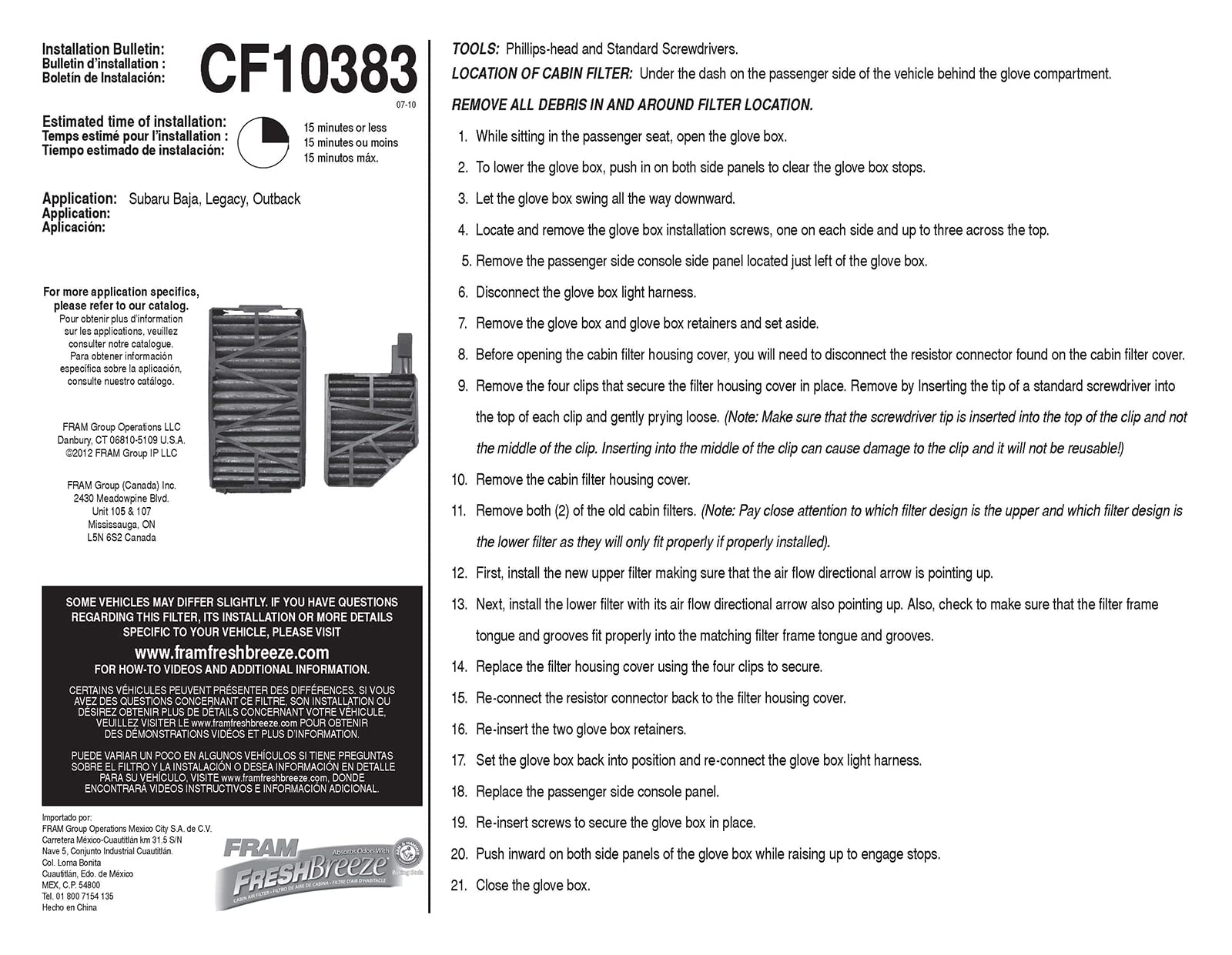 Fram Fresh Breeze Cabin Air Filter Replacement For Car Passenger Compartment W/ Arm And Hammer Baking Soda, Easy Install, Cf1038