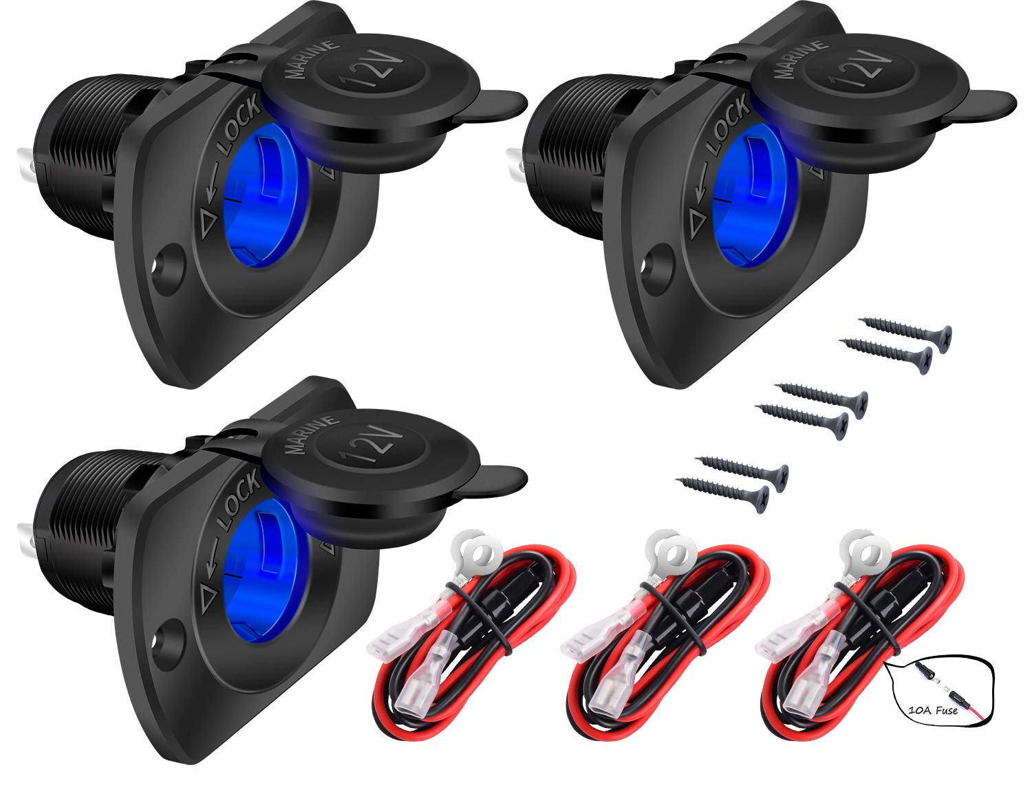 Daiertek 12V Car Cigarette Lighter Socket Female 12 Volt Power Outlet Replacement With Blue Led Waterproof For Boat Marine Scoot