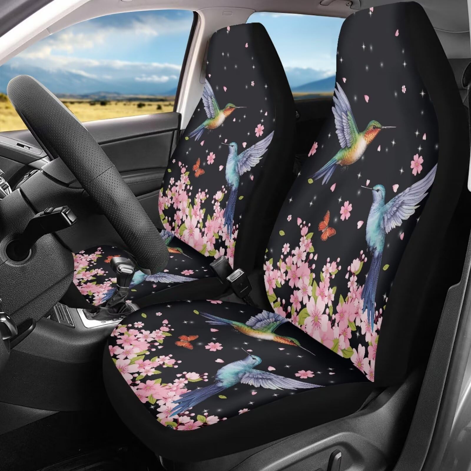 Bigcarjob Flower Hummingbird Car Seat Cover Set For Front Seat Only,2 Pack Cherry Flower Birds Printed Auto Front Seat Protector