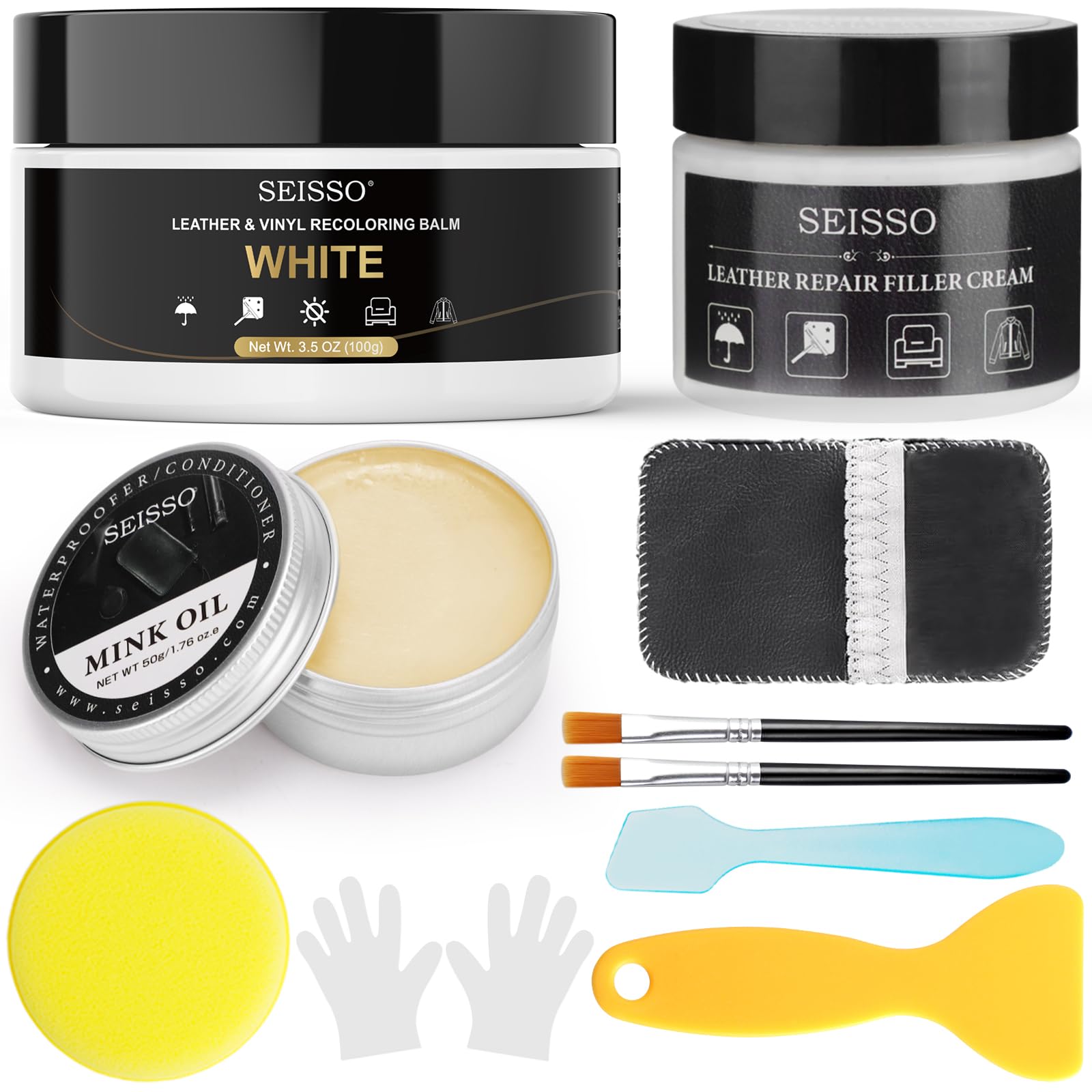 SEISSO Leather Repair Kit for Furniture, White Vinyl Repair Kit with Mink Oil Car Interior Leather Recoloring Balm for Scratches