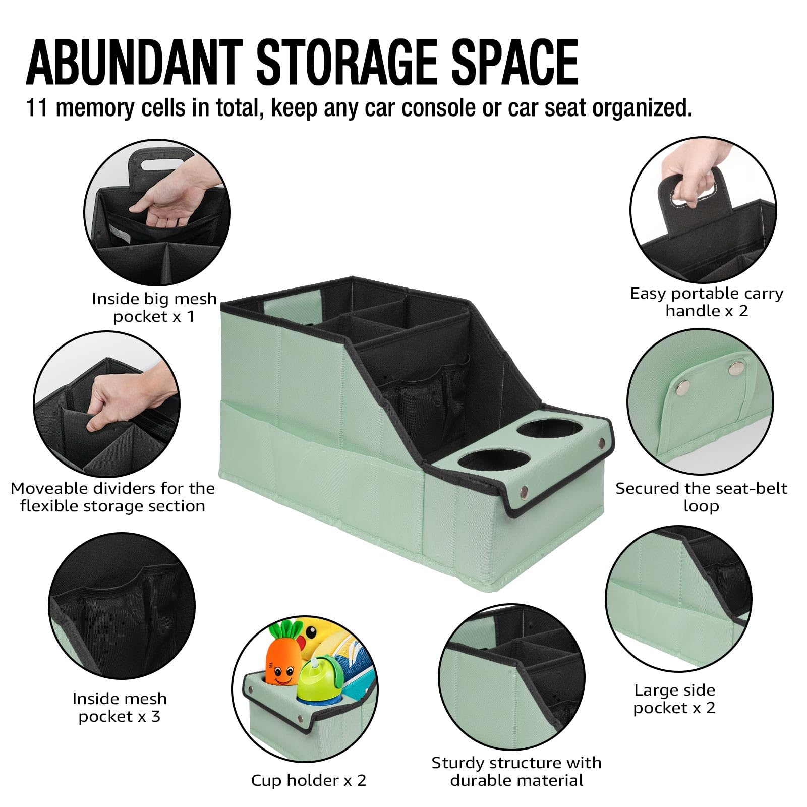 Mulisoft Car Seat Organizer - Backseat Car Organizer With 11 Storages Compartments And 2 Cup Holders, Green