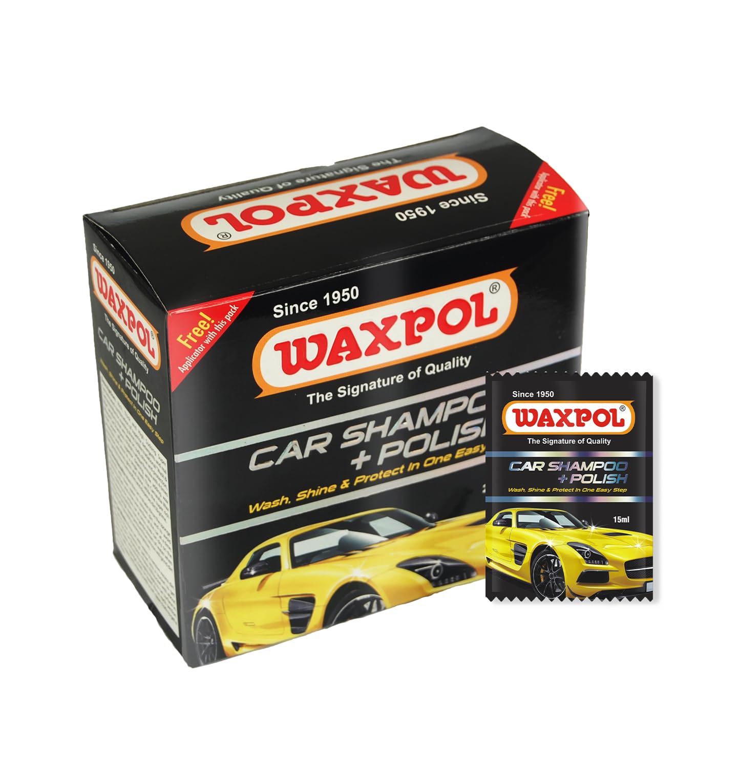 Waxpol Car Shampoo + Polish 360 Ml (15 Ml Set Of 24 Sachet) Wash & Wax | Ph Balanced Formula| High Gloss Wet Shine | Smooth Fini