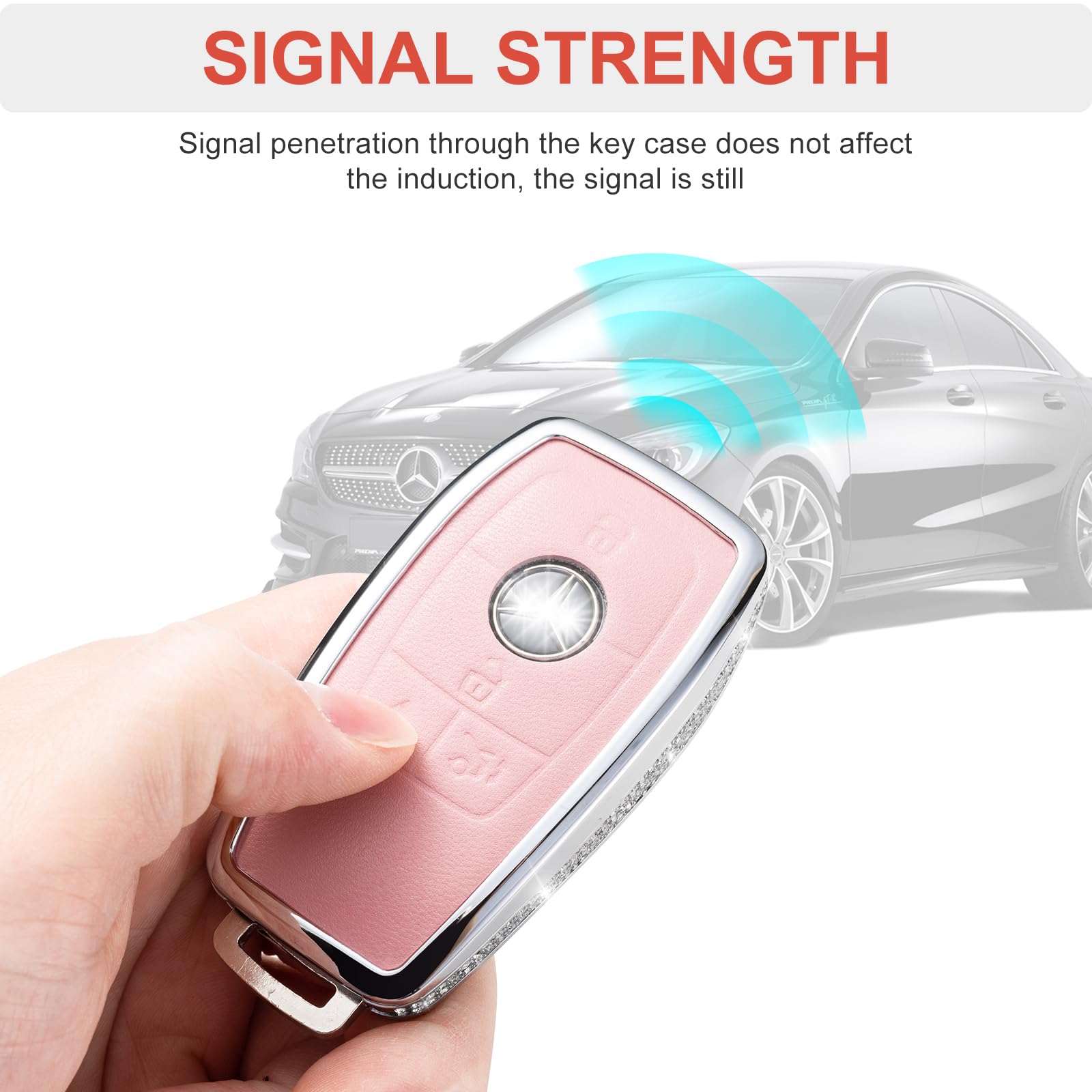 Ruabiban For Mercedes Benz Key Fob Cover With Keychain, Pink Genuine Leather Crystal Key Case Protection Shell Compatible With A