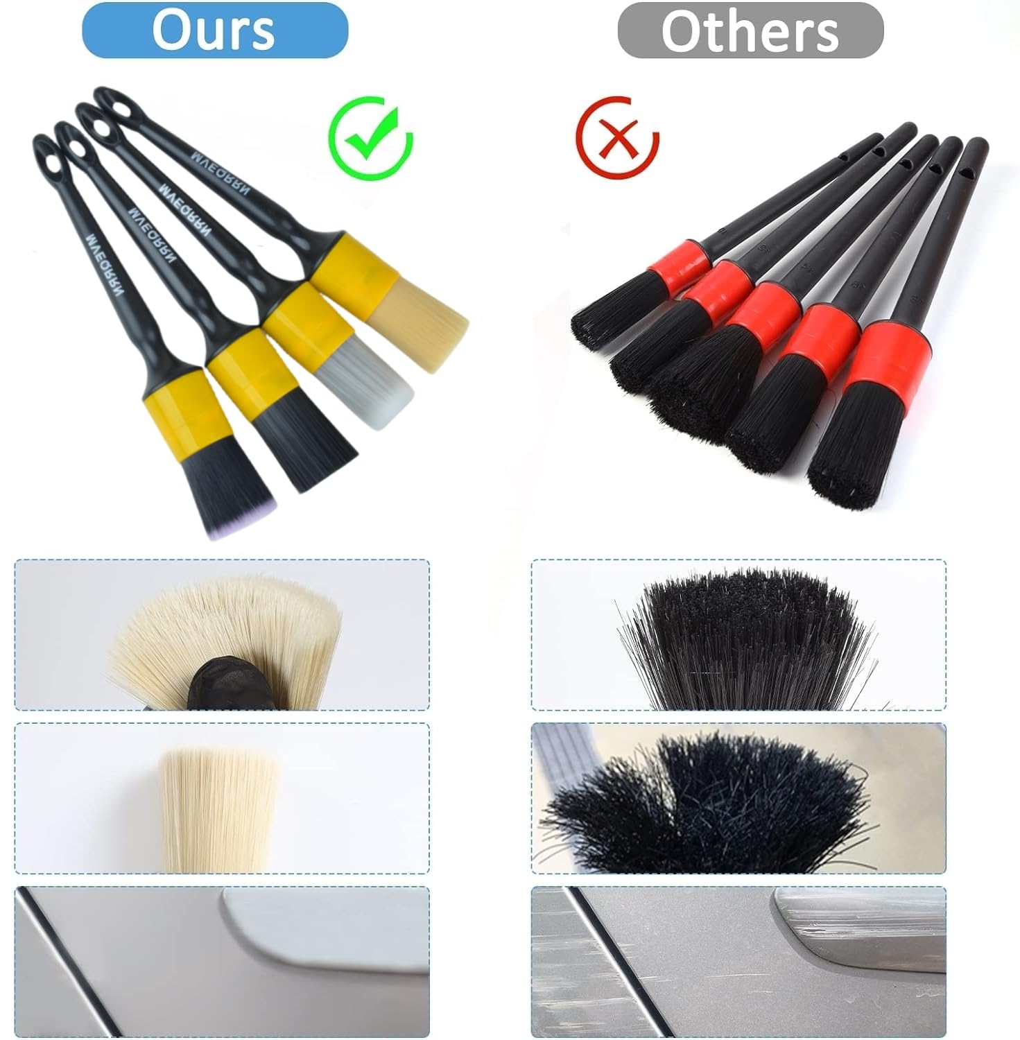 Mveqrrn 4Pcs Car Detailing Brush Set, Boars Hair, Ultra Soft, No Scratch, Interior & Exterior, Includes 4 Different Brushes, Erg