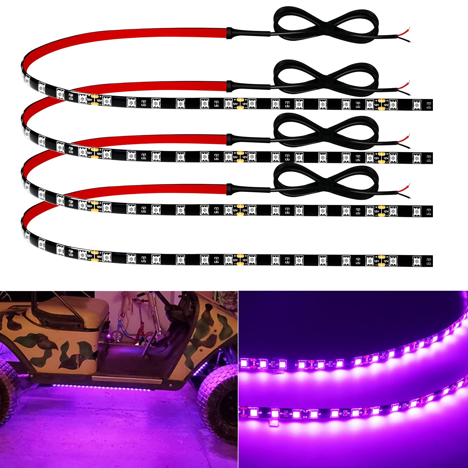 Car Led Strip Lights 24' Connectable 12V Led Light Strip For Cars Golf Cart Boat Marine Motorcycle Interior & Exterior Waterproof Led Strip Pink, 4Pack