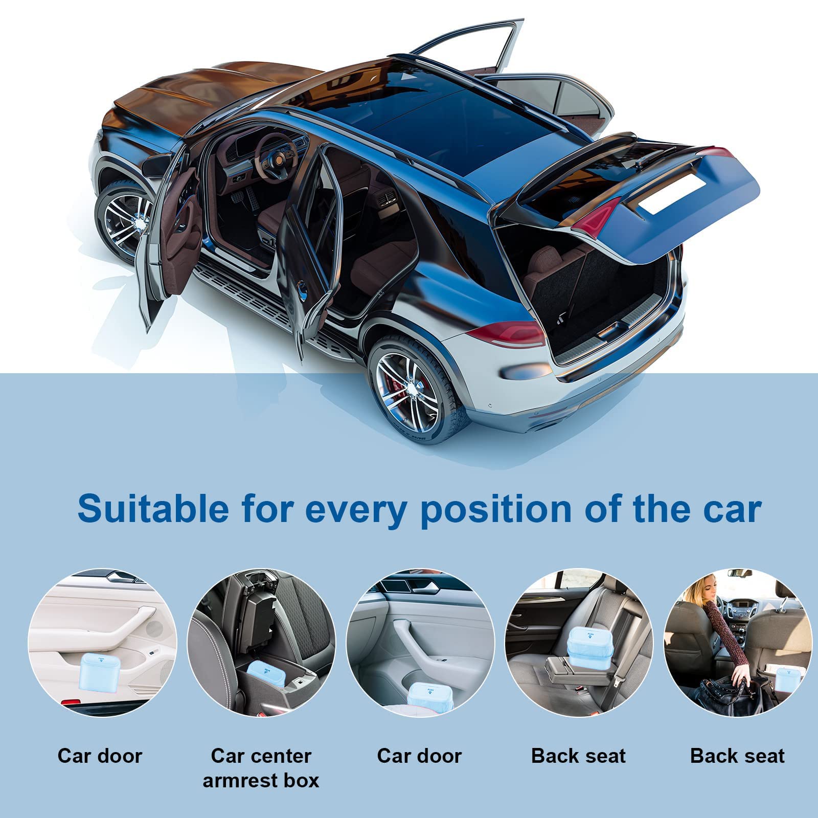 Car Trash Can, Mini Car Bin With Lid 2 Trash Bag Blue, Cute Car Accessories For Storage And Organization,Small Trash Can For Car