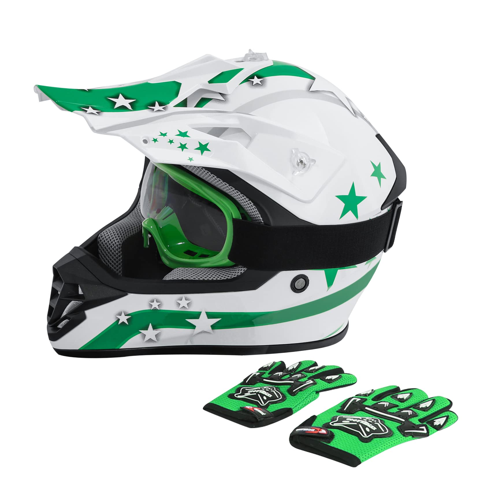 Tct-Motorparts Dot Youth Atv Helmets W/Goggles+Gloves Kids Motocross Offroad Street Dirt Bike Helmet+Gloves+Goggles White W/Green Star Large