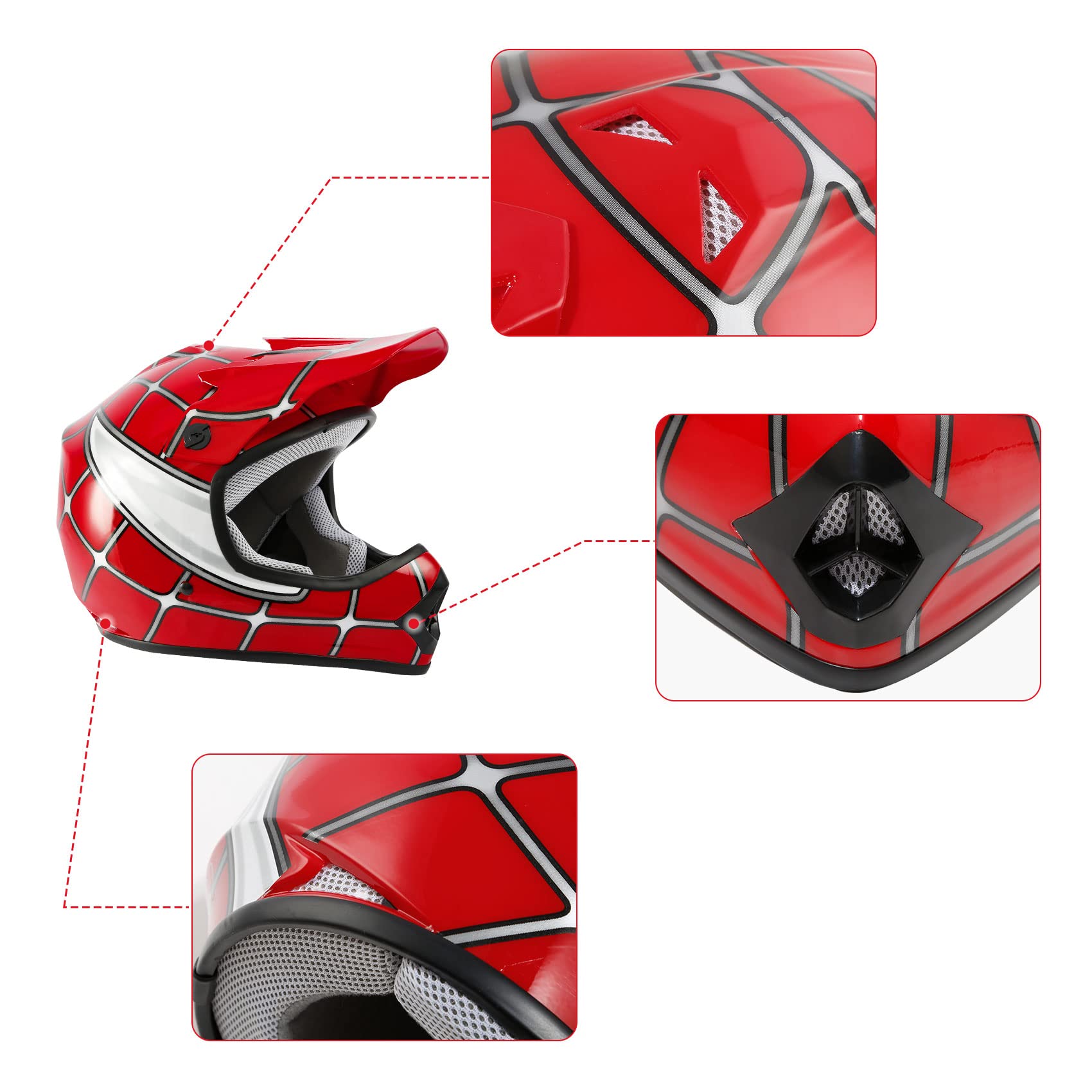 SLMOTO Youth Motocross Helmet Set - Large Red Spider Design with Goggles & Gloves, Durable ABS Material
