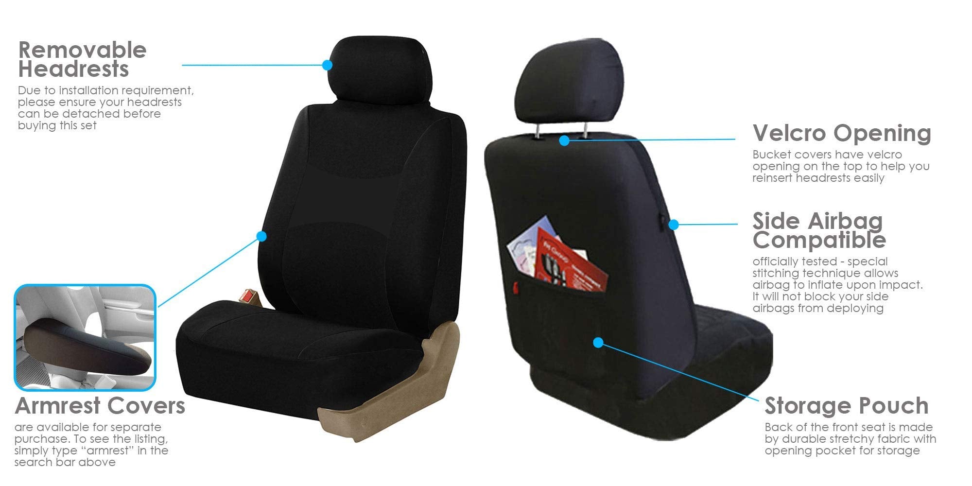 Fh Group Car Seat Covers Multi-Functional Cloth Full Set Car Seat Covers (Full Split Bench Coverage) -Fit Most Car, Truck, Suv, Or Van (Solid Black) Fb039115