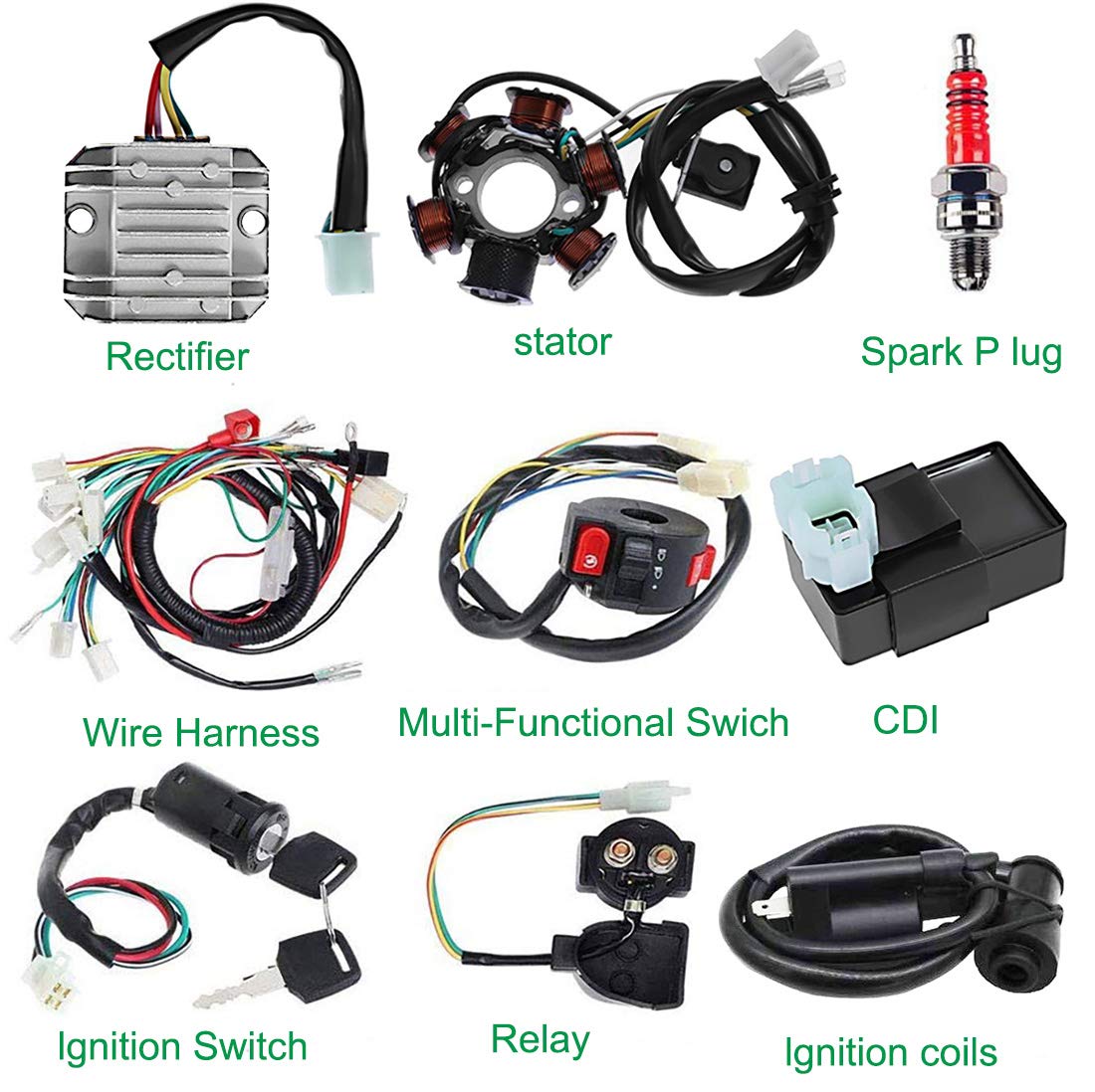 HOOTO Complete Wiring Harness Kit for ATV Quad 50cc-125cc, Black - Includes Stator, CDI, Solenoid, Relay, Spark Plug, Lead