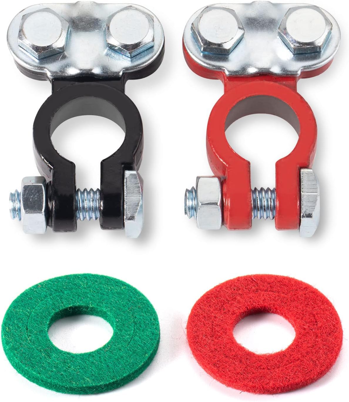 Battery Terminals Color Coded Set Top Post Connectors Clamps with Matching Anti Corrosion Felt Fiber Washers for Car Truck Vehic