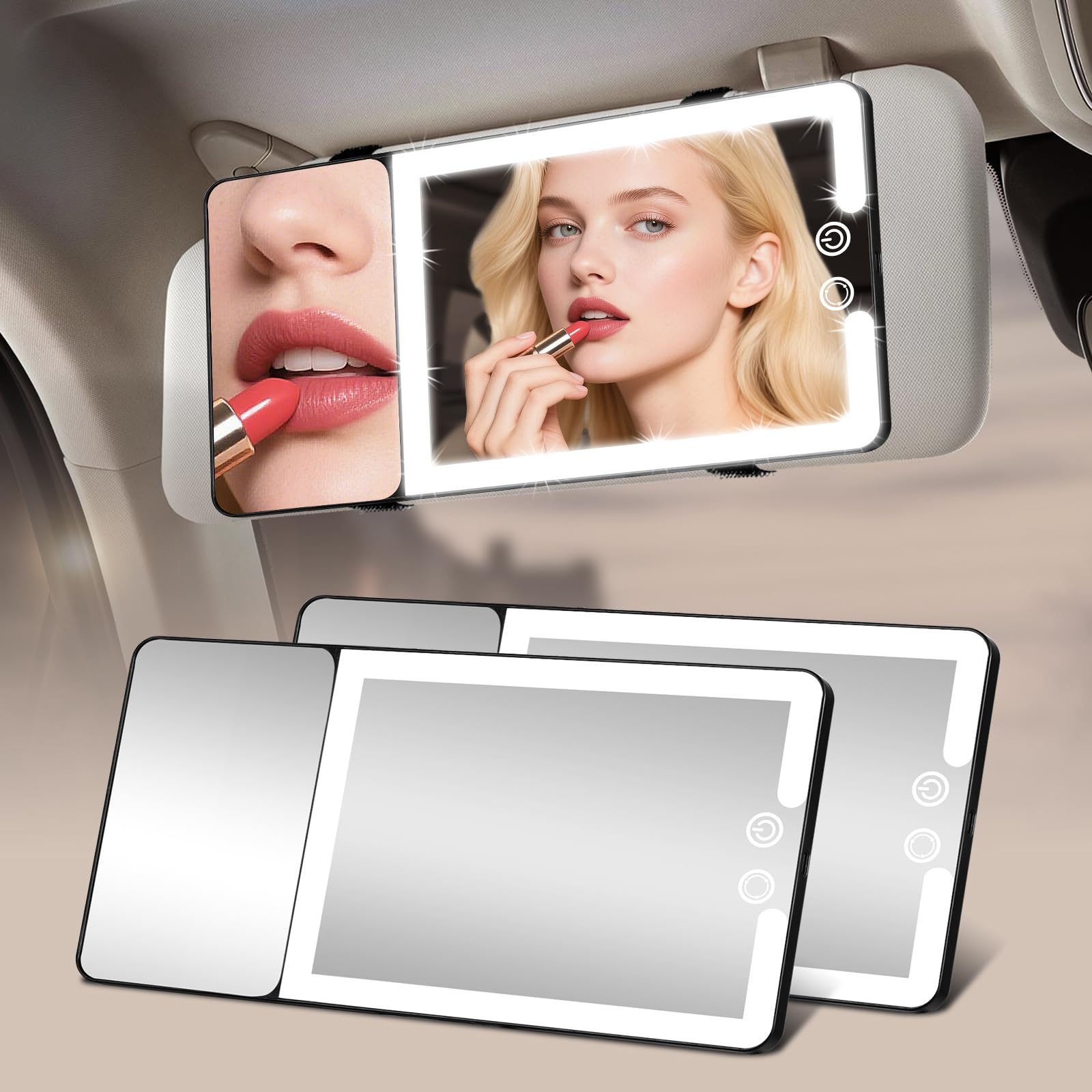 2pcs Car Sun Visor Vanity Mirror with Lights & 20X Magnification, Led Light up Makeup Mirror for Sun Visor, Rechargeable 3 Color