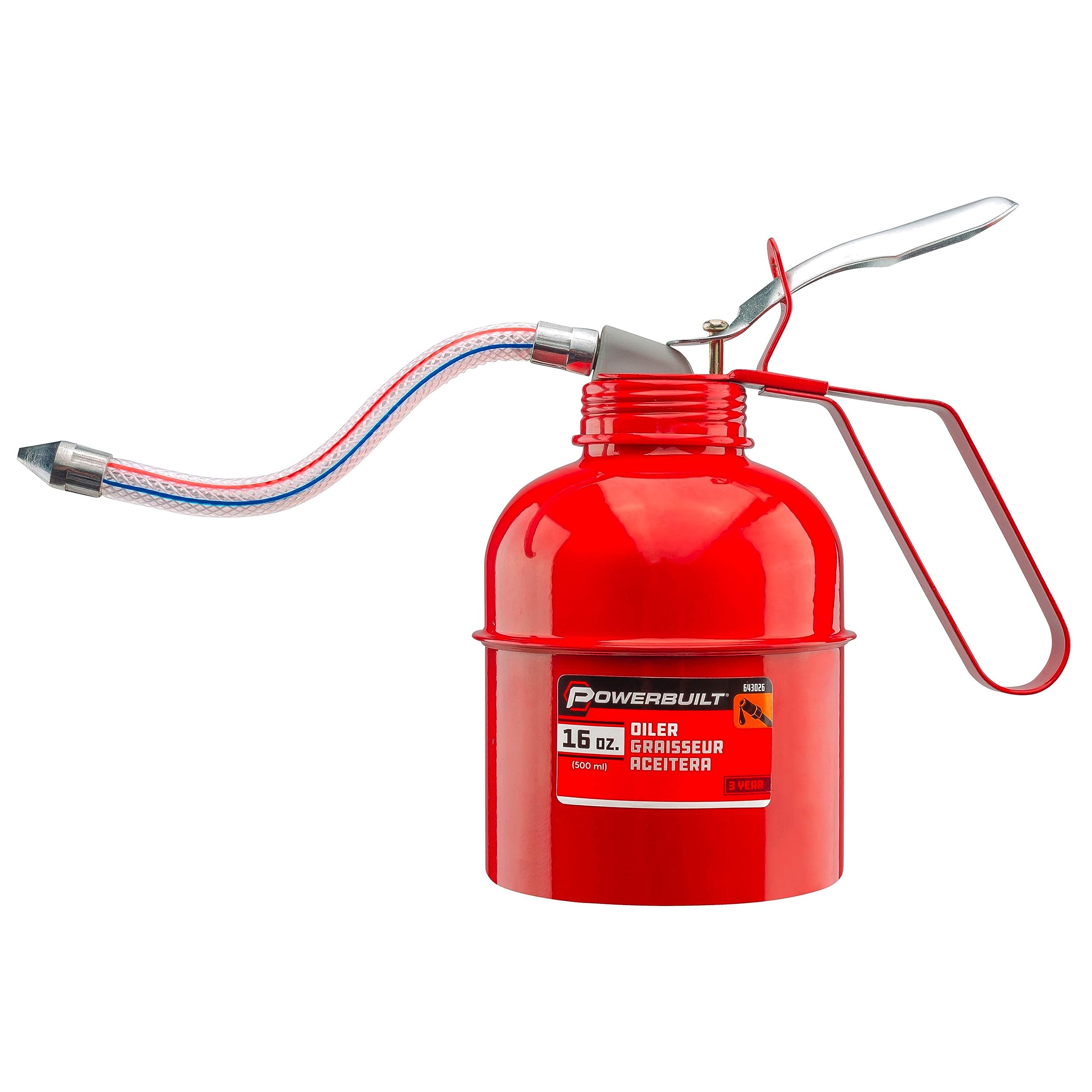 Powerbuilt Oil Lubrication Can 1 Pint Capacity, Thumb Lever Pump Handle, Flexible Hose Spout, Car, Machinery - Red 643026