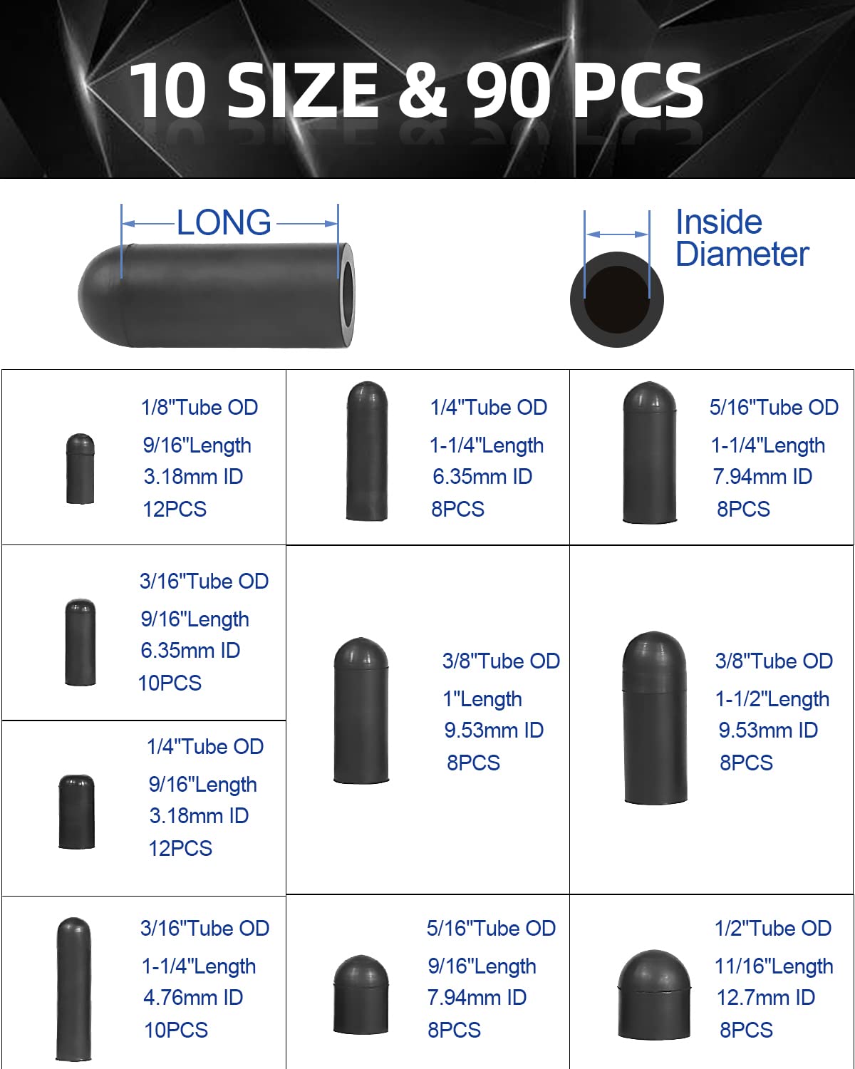 Rubber Vacuum Caps Plug Kit, 90 PCS 10 Sizes Assorted Vacuum Plugs Hose End Caps Assortment Kit for Carburetor, Manifold, Automo