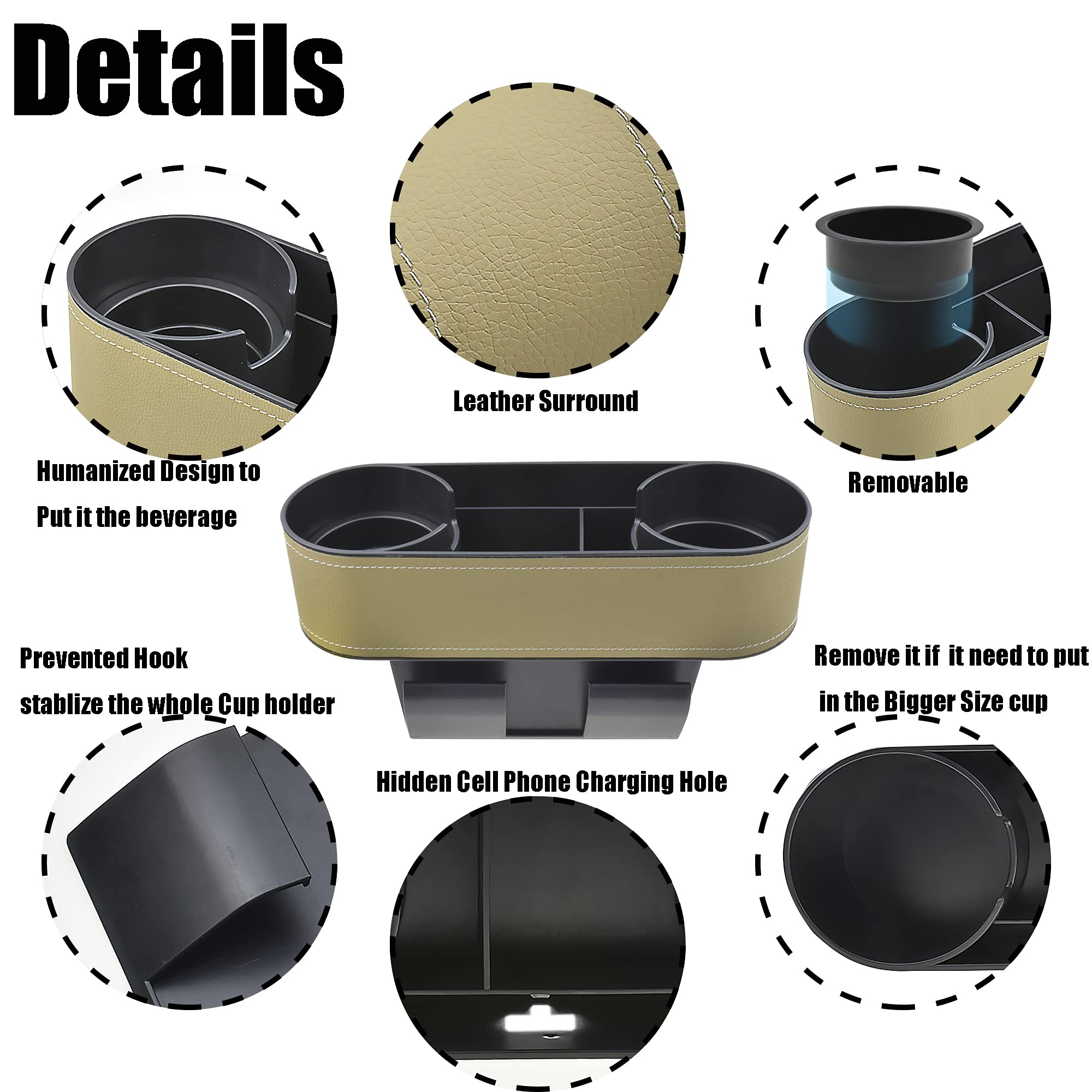 Iokone Car Cup Holder, Auto Front Seat Organizer, Multifunctional Cup Drink Holders With Pu Leather Cover, Gap Filler Storage Bo