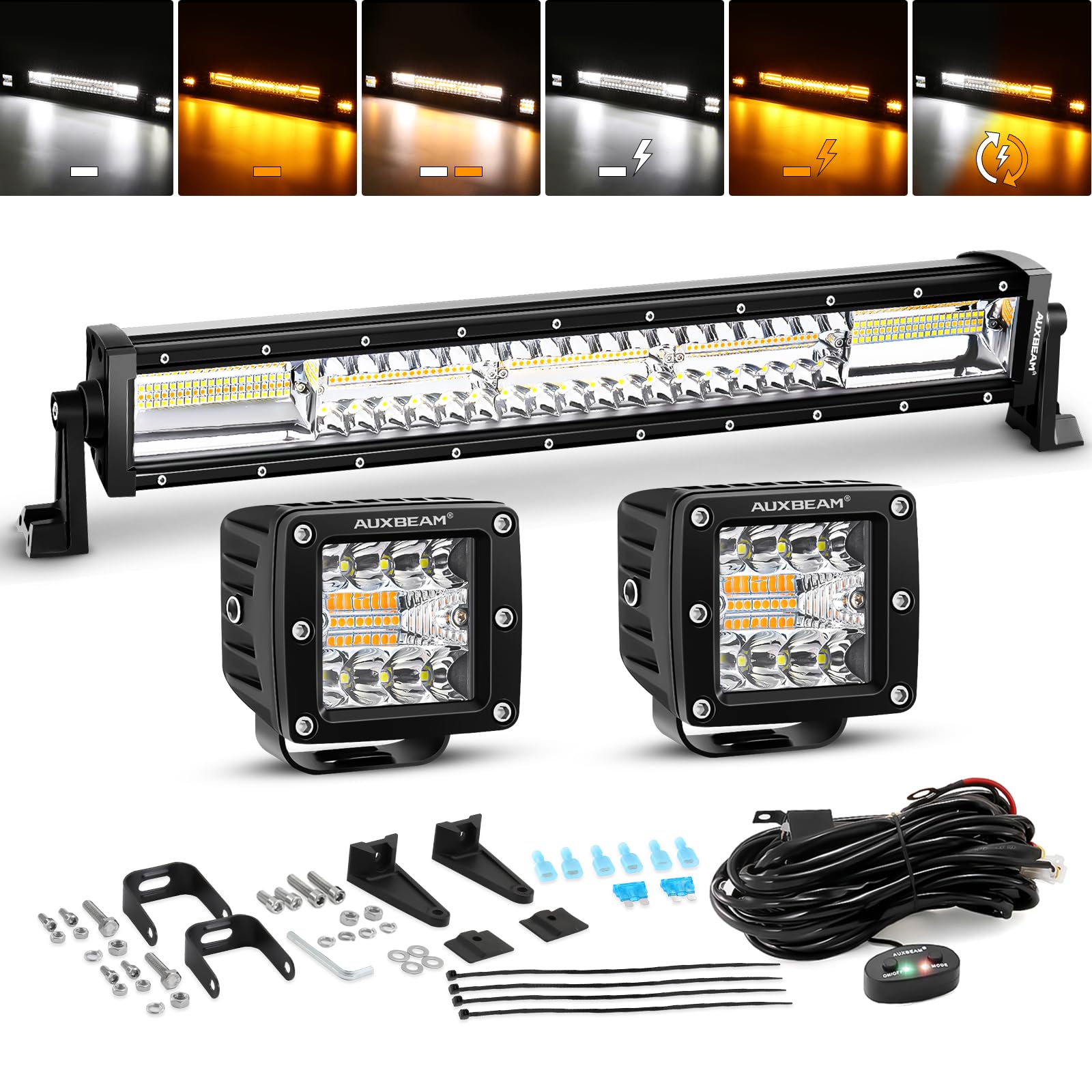 Auxbeam 22 Inch 120W Led Light Bar 2Pcs 3 Inch 96W Led Pods, Amber White Fog Light 6 Modes Strobe Lights For Work Truck, Spot Fl