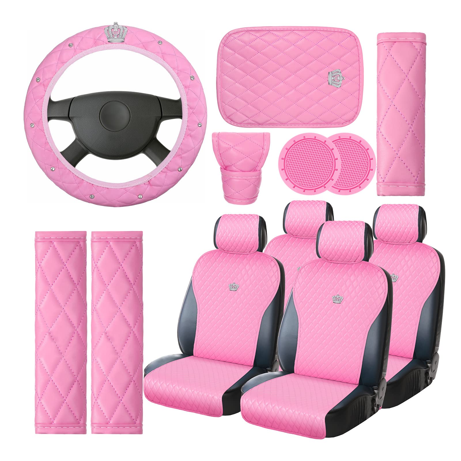 Tallew Pink Car Accessories Set Car Seat Covers Full Set Steering Wheel Cover Headrest Cover Center Console Pad Cup Cup Holders Seat Belt Pads Gear Cover For Women Girl Car Interior Decor (Full Set)
