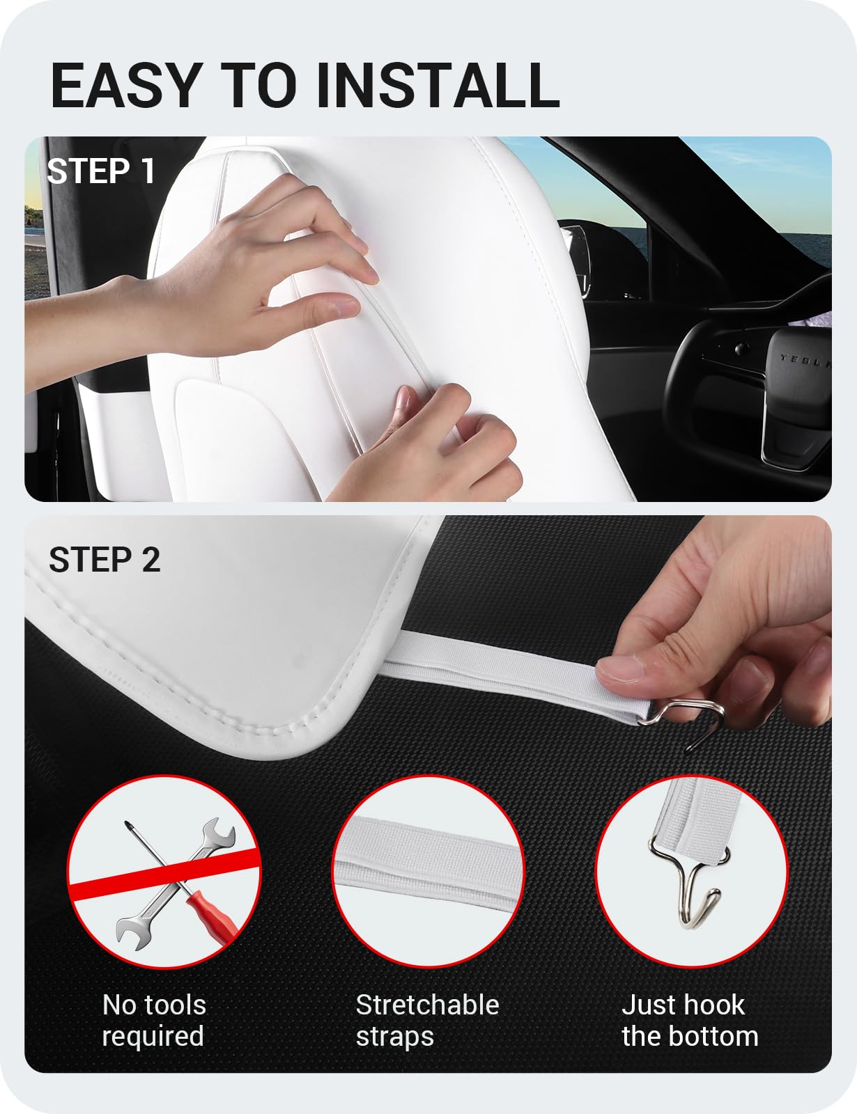 Basenor 2025 Upgraded Tesla Model 3/Y/S/X Leather Seat Back Kick Protector, Backseat Mats For Kids (Extra Organizer Pocket) Wate