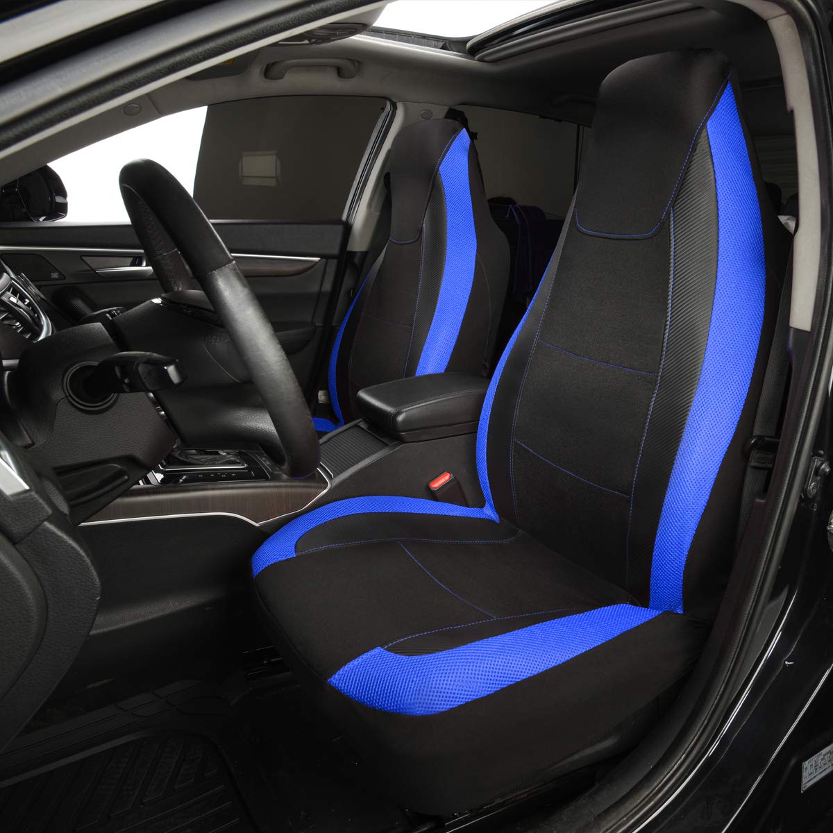 Flying Banner Car Seat Covers Quality Carbon Fiber Faux Leather Mesh Fabric Sport Low High Back Bucket Back Pocket Arm Rest Car Suv Truck Pick Up (2 Fronts - High Bucket, Blue)